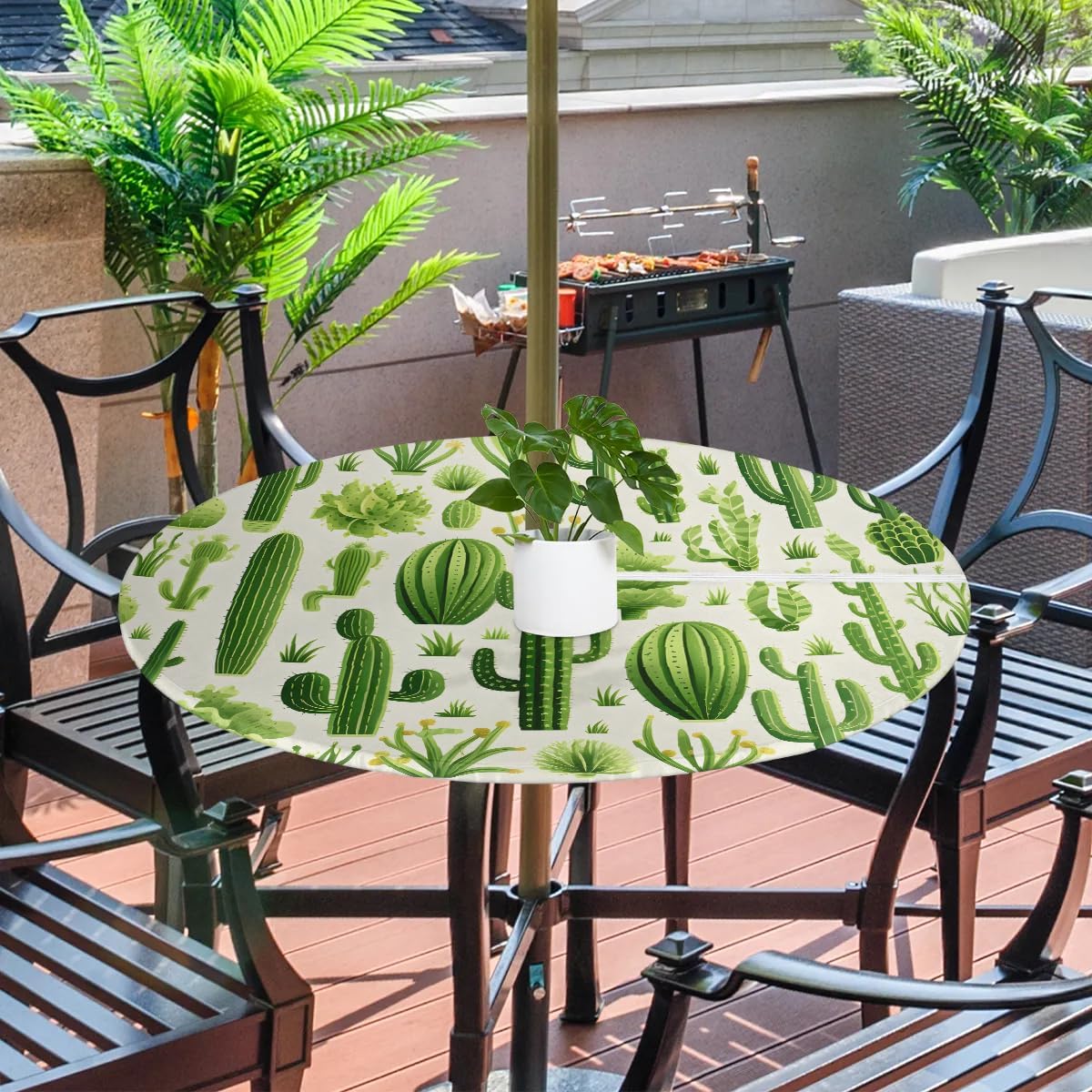Round Outdoor Tablecloth with Umbrella Hole Green Cactus Round Fitted Table Cloth with Elastic Zippered Tablecloth 36"-44" Waterproof Umbrella Table Cloth Round Elastic Table Cover for Patio