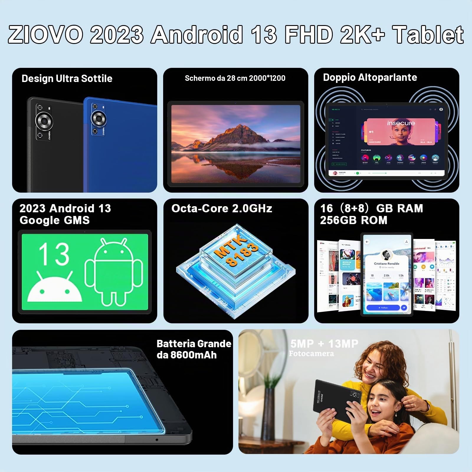 ZIOVO Tablet 11 Pollici Android 13 Tablet PC,16GB RAM+256GB ROM/TF 1TB, Octa Cores 2.0Ghz Tablets, 5G WiFi/Corpo in Metallo/8600mAh/ 2000 * 1200 FHD IPS/13+5MP/GMS/BT5.0/GPS, Tablet con Caso - Nero