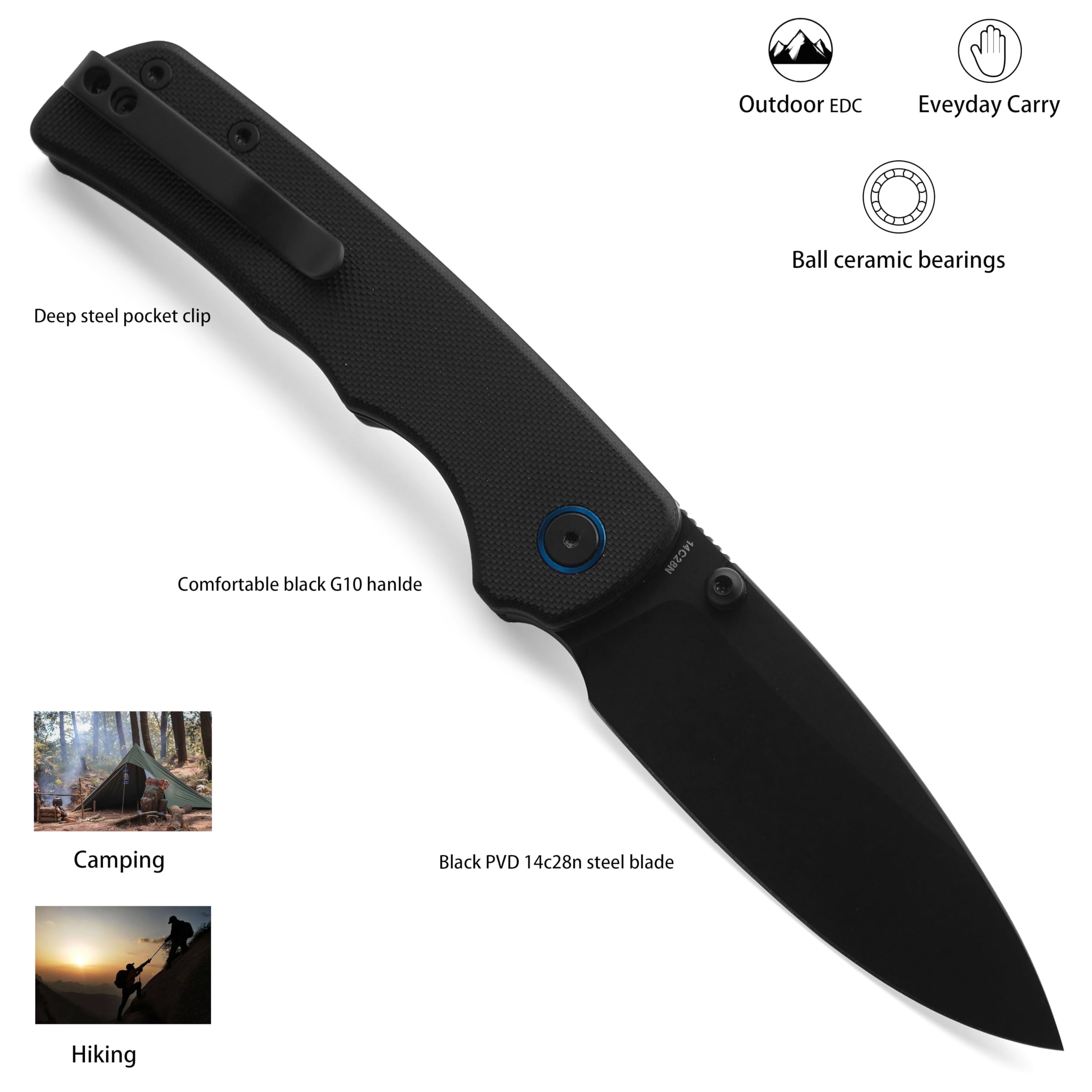 M Miguron Talism L Folding Knife 3.5 Inches Black PVD 14c28n Blade Black G10 Handle Deep Steel Carry Clip Hiking Camping Pocket Knife MGR810IILBK
