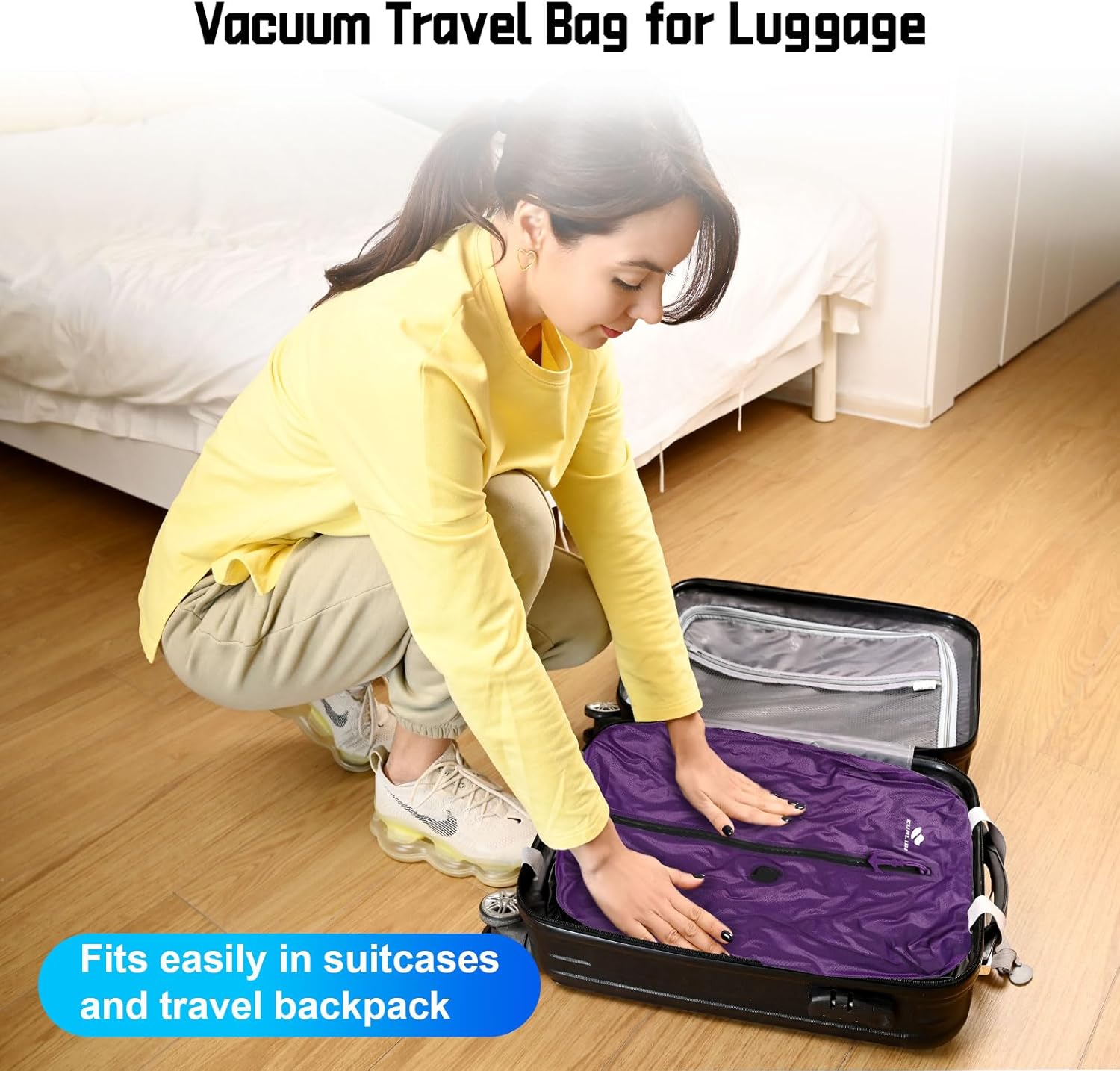 Zurligi Travel Vacuum Bags with Shoulder Strap & Mini Pump – IPX8 Waterproof Vacuum Seal Reusable 39L Carry-On Compression Bags for Clothes, Suitcase & Luggage (2-Pack, Purple)