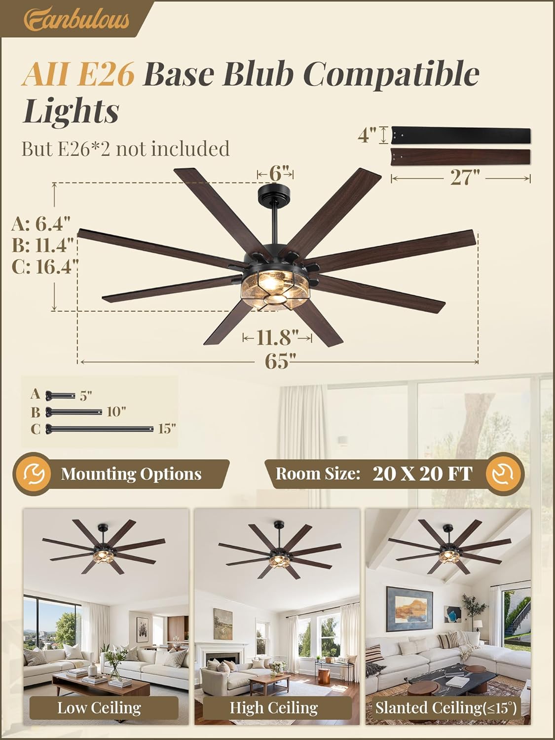 Fanbulous 72 Inch Farmhouse Ceiling Fan with Lights & Remote Control, Quiet Reversible DC Motor, Wooden Blades, Seeded Glass Lampshade - Ideal for Bedroom, Living Room, Dining Room