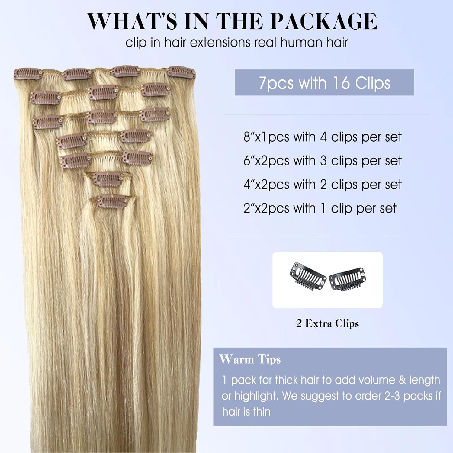Clip in Hair Extensions Real Human Hair, 16 Inch 100% Remy Seamless Straight Clip ins for Women, 18/613 Dark Blonde Highlighted Bleach Blonde 7pcs 120g, Thick & Soft, Long-lasting Natural Look