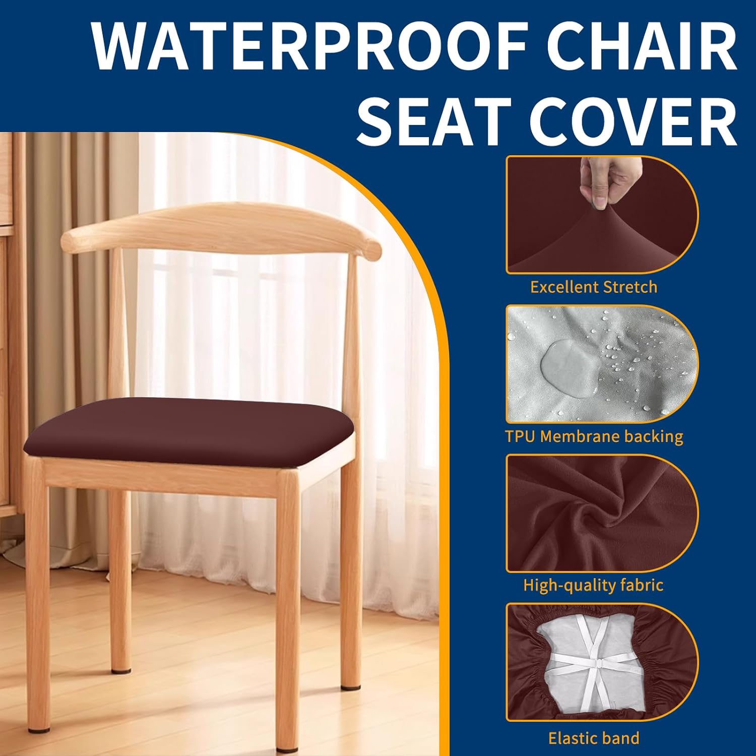Waterproof Dining Chair Seat Covers Set of 6, Stretch Removable Dining Room Seat Covers for Dining Chairs, Kitchen, Hotel, Party