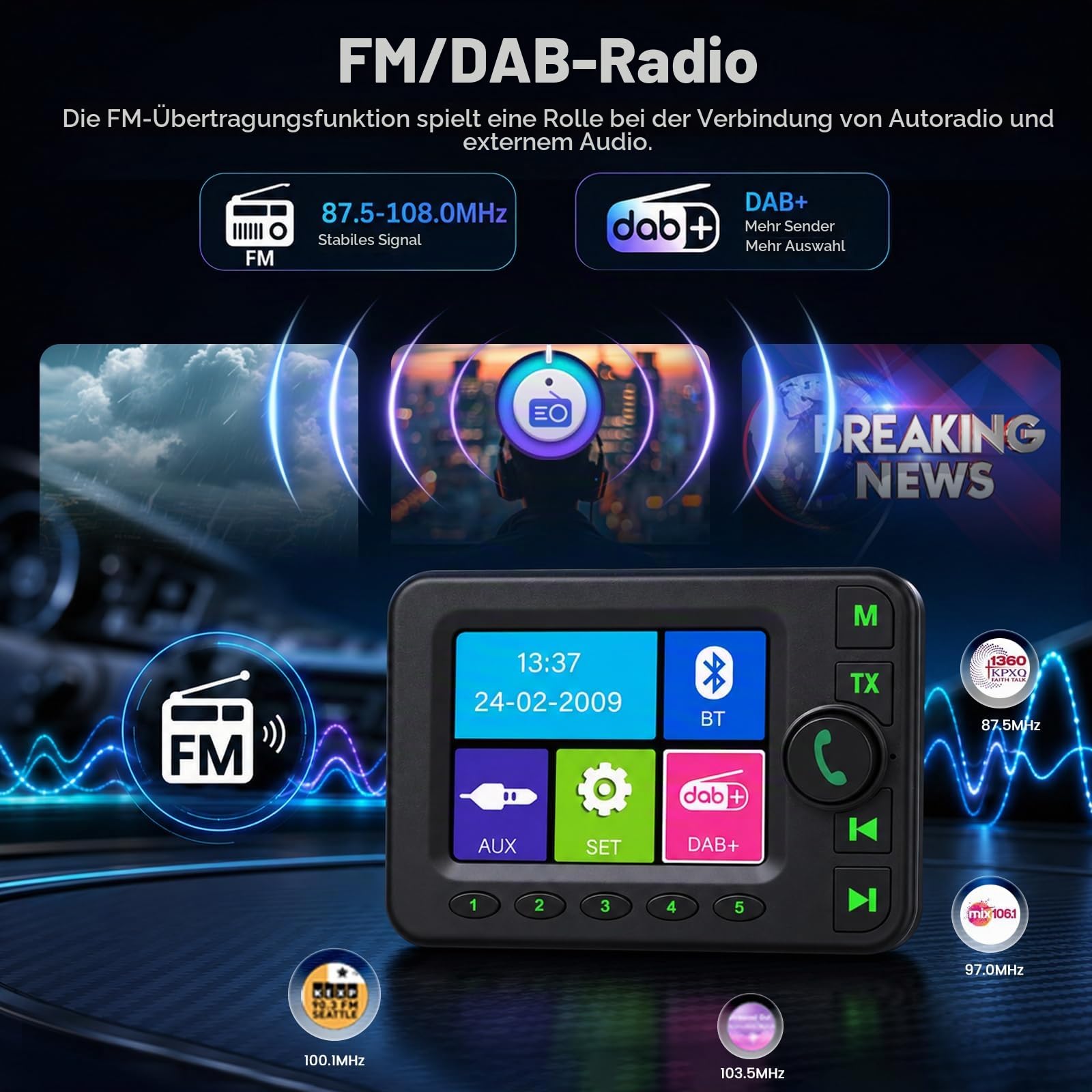 NHOPEEW Digital Radio DAB+ Adapter mit 10 Schnellzugriffstasten für das Autoradio - 2,8-Zoll-LCD-Display mit Musik-Bluetooth - DAB Adapter Empfänger Musikspieler Aux EIN-/Ausgang