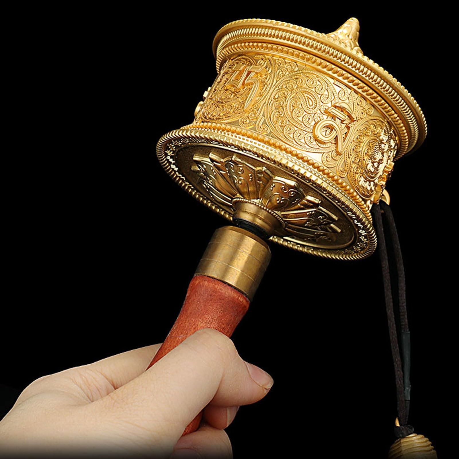Rueda de oración tibetana, Rueda de oración tibetana con manivela, mantra de seis palabras Kuan Yin, mango de madera dorado, 21 cm
