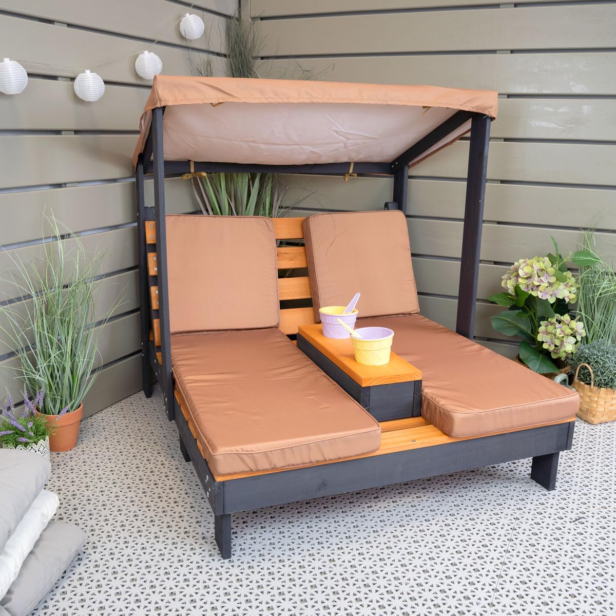 Meppi Chaise Longue Double pour Enfants Bornholm en Bois avec Porte-gobelet et Protection Solaire, pour Jardin