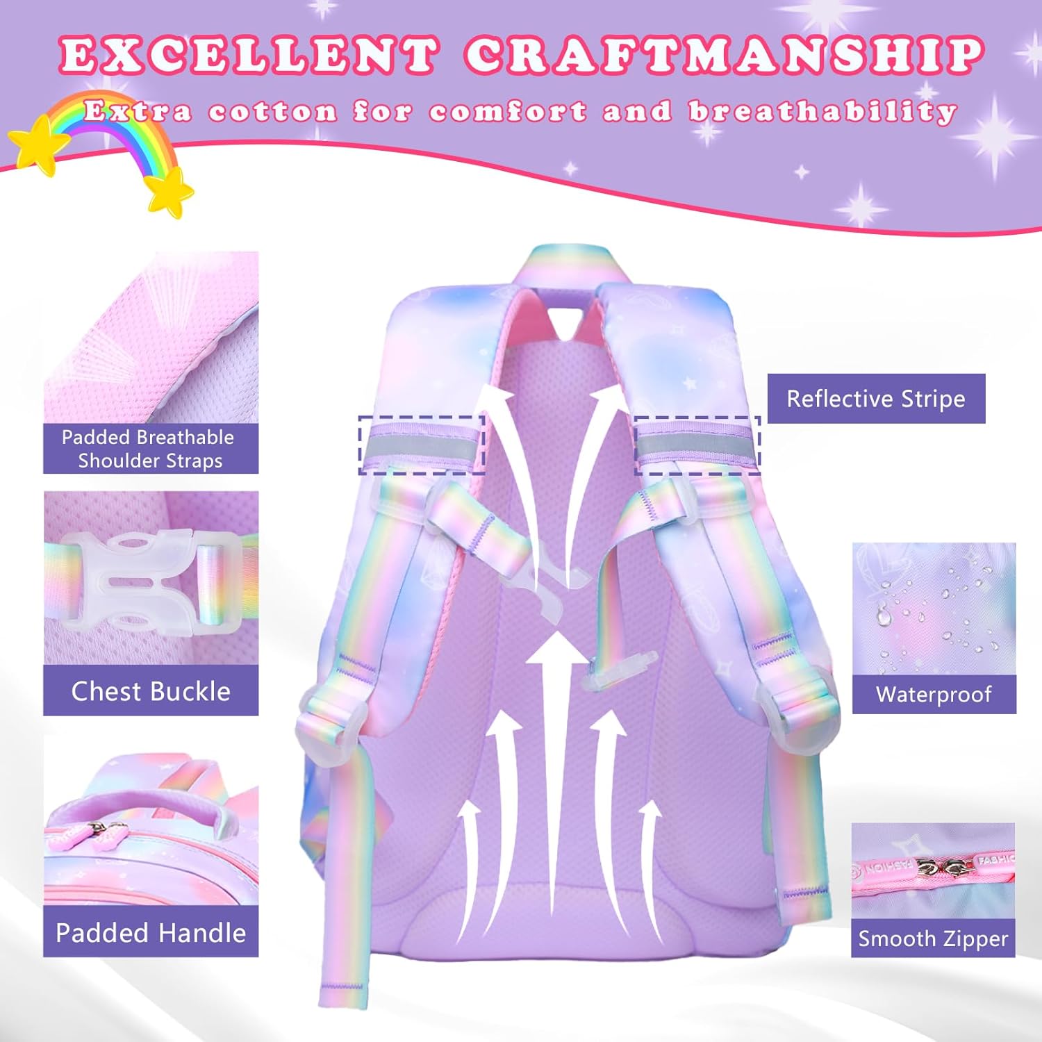 3Pcs Backpacks for Girls, Cute Rainbow School Backpack with Lunch Bag Pen Bag Set, Multi-Pockets Kids Backpack for Elementary Preschool Toddler(Purple)