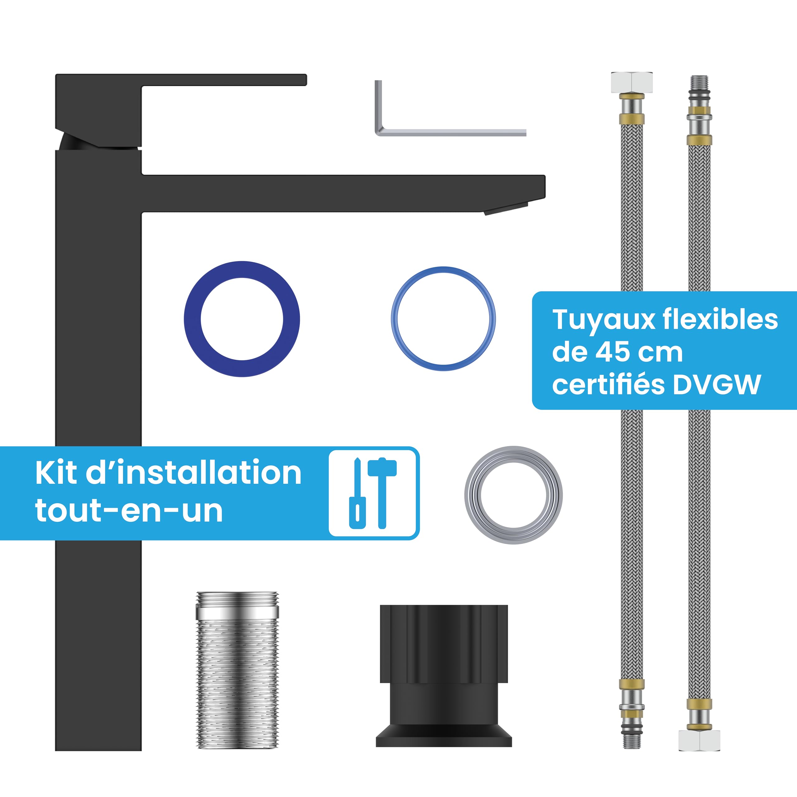 Bächlein Robinet pour Salle de Bain [Anguleux - Noir Mat] - Robinet Extra Haut avec Hauteur de Bec de 215mm Pour Lavabos á Poser, Robinetterie de Lavabo Haut Bec