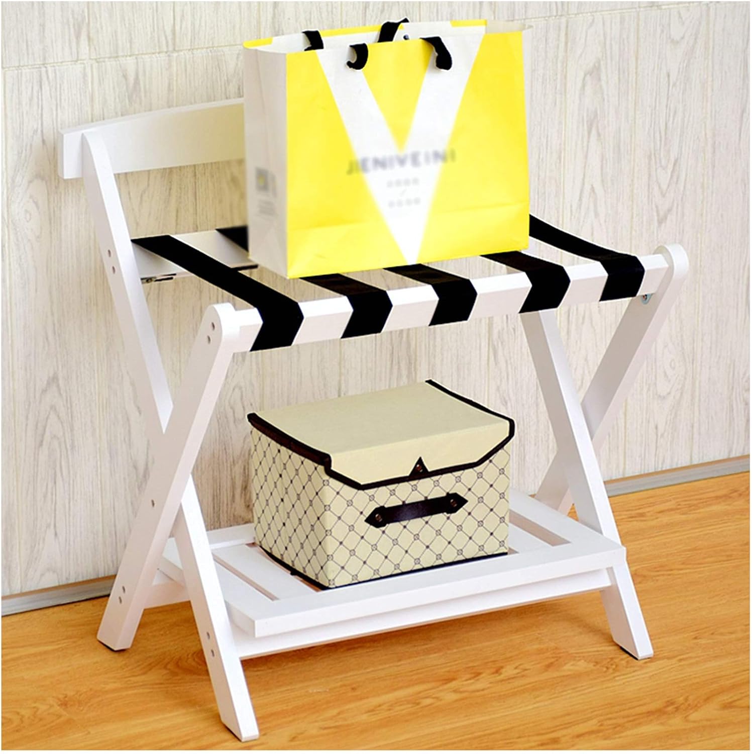 Luggage Rack,Luggage Rack Guest Room Wood Suitcase Stand, Easy To Carry Double Layer Storage Rack Foldable Bathroom Rack Pine With Backrest Bearing Capacity 50kg Space Saving for Bedroom Hotel(Natural)