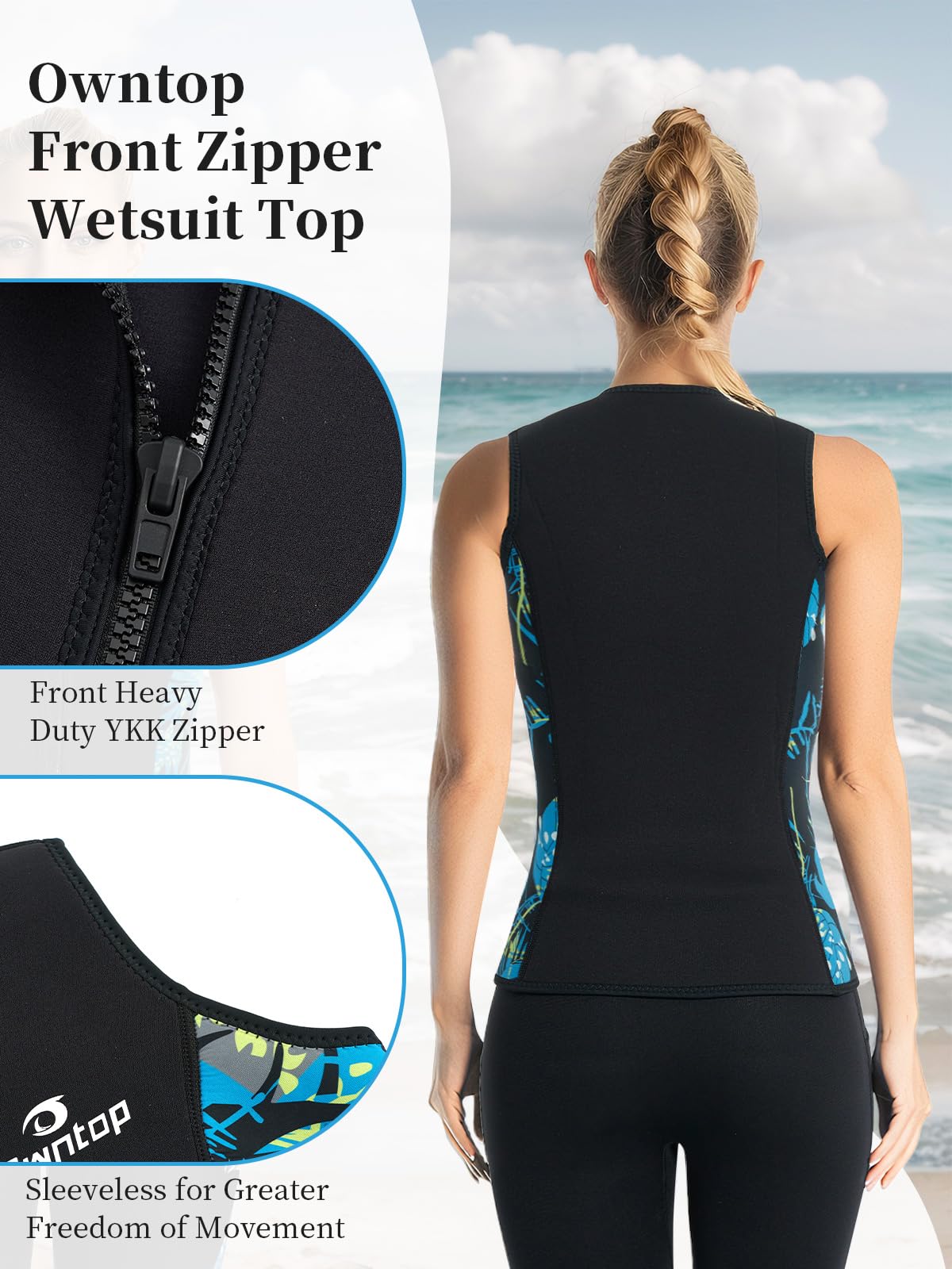 Owntop Ärmellose Neoprenanzug Oberteil Damen | 3mm Thermische Neoprenweste | Neoprenanzug Jacke | Warm Bequem | Surfen Schnorcheln Schwimmen Tauche
