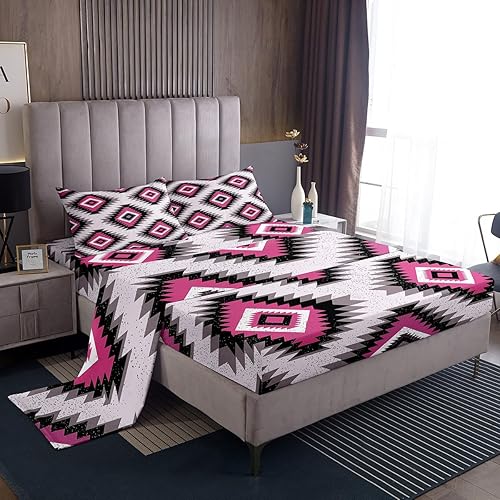 Juego de sábanas de diseño nativo americano del suroeste para niños, juego de sábanas geométricas de color rosa y gris para niños y niñas,