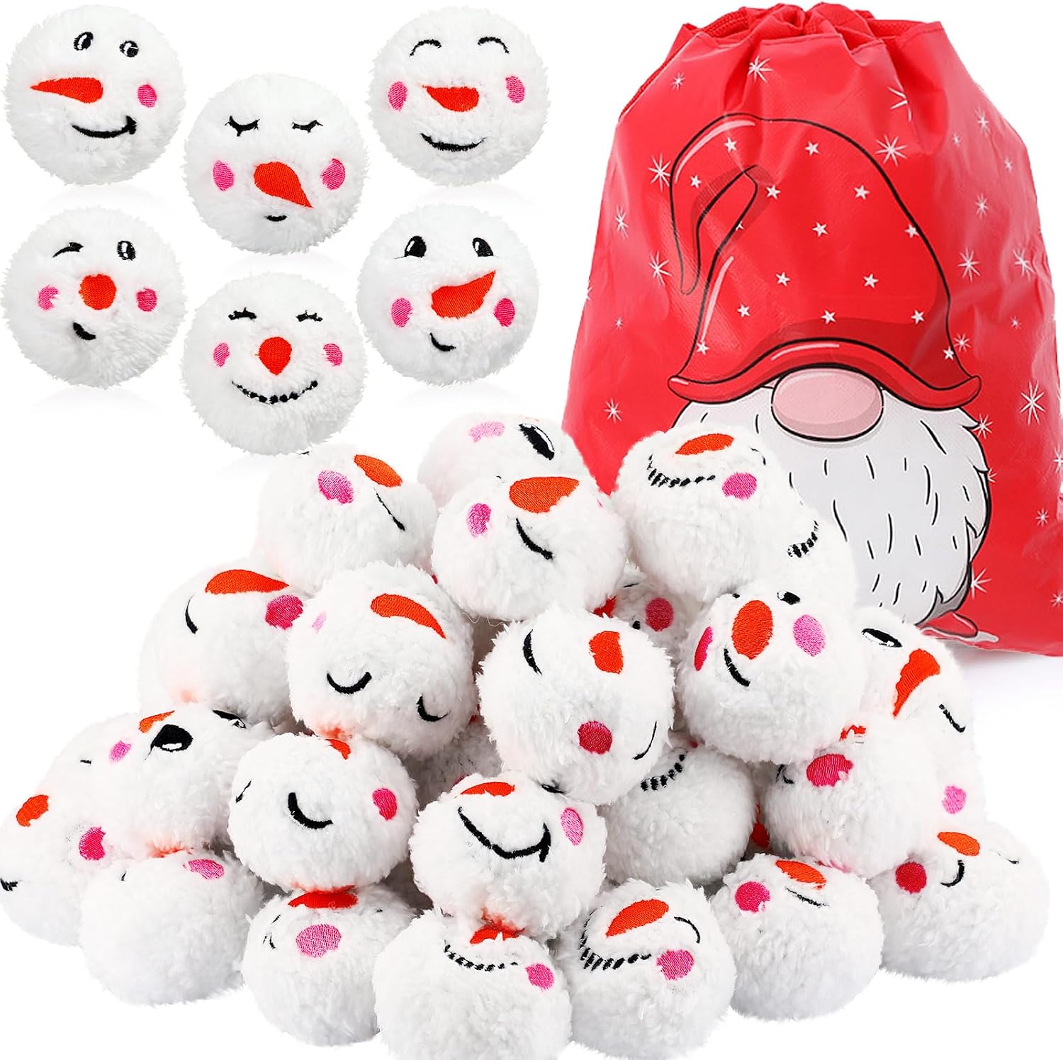 Zubebe 72 Pieces Snowball Fun Set Snowmen Balls Fake Cute Fight Smile Face Snowball with a Bag for Indoor Winter Adults Snowmen Ball Fight Christmas Party Decor, 6 Style(2 Inch,Classic)