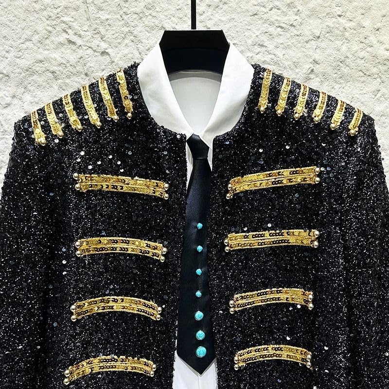 Veste à paillettes homme avec patchwork brodé unique