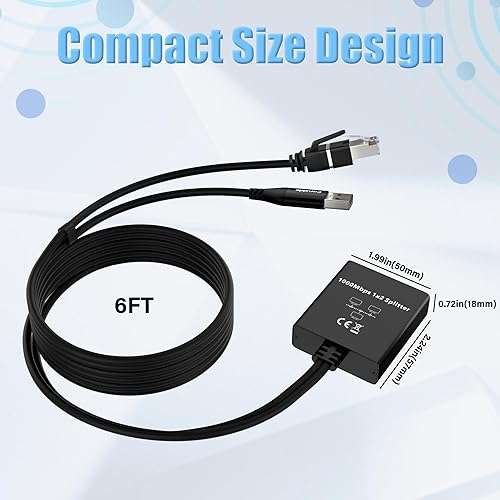 Upgrade USB-C Gigabit Ethernet Splitter 1 in to 2 Out Adapter, RJ45 in and USB-C Out, Network LAN Splitter with 6FT USB Power Cable, 1000M High Speed, Supports USB Cables(RJ45 and USB-C Output)