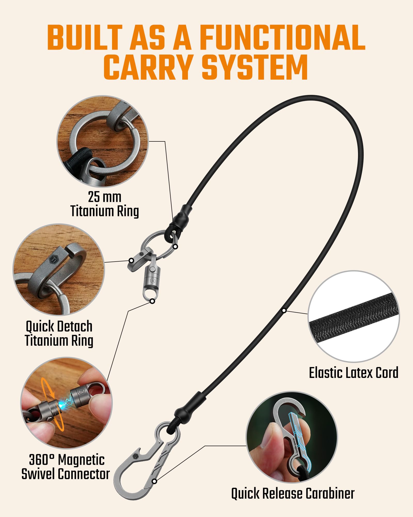 KeyUnity KC08 Cordino elastico magnetico multifunzionale, anello rapido in titanio, Chiusura magnetica, apribottiglie, estensibile fino a 120 cm, ideale per cellulare, chiavi, accessori da pesca