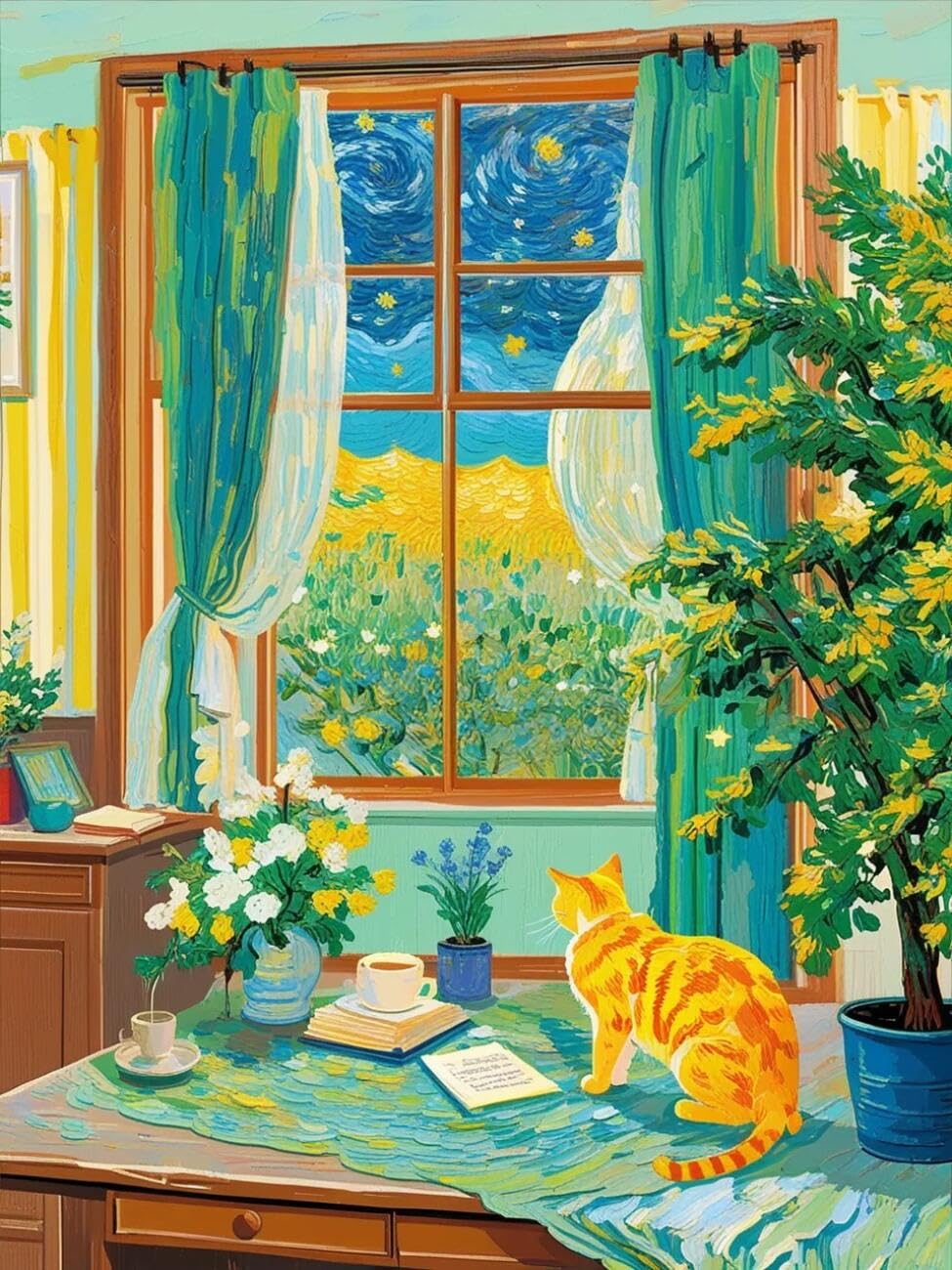 Henypt Cross Stitch Kits The Starry Sky Outside the Window Landscape DIY Needlepoint Set for Adults Beginners with Accessories Home & Leisure/Gifts 14CT 80x100cm