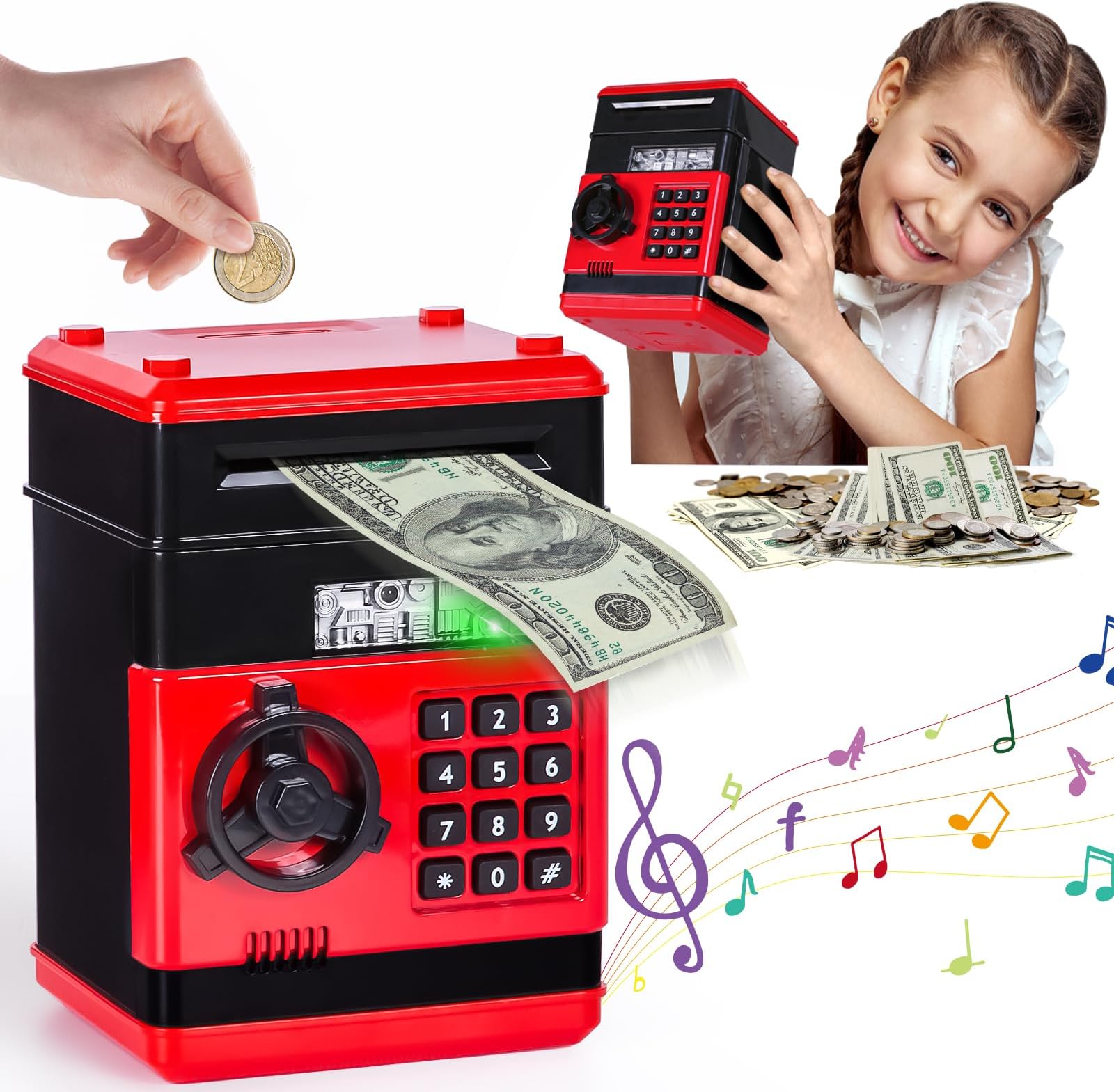 Ltteaoy Box for Kids,Mini ATM Safe Piggy Bank Savings Money Box for Kids,Electronic Money Bank Coins Saving Box for Kids Cartoon Safe Bank Perfect Toy Gift for 3-12 Year Old Kids-Red