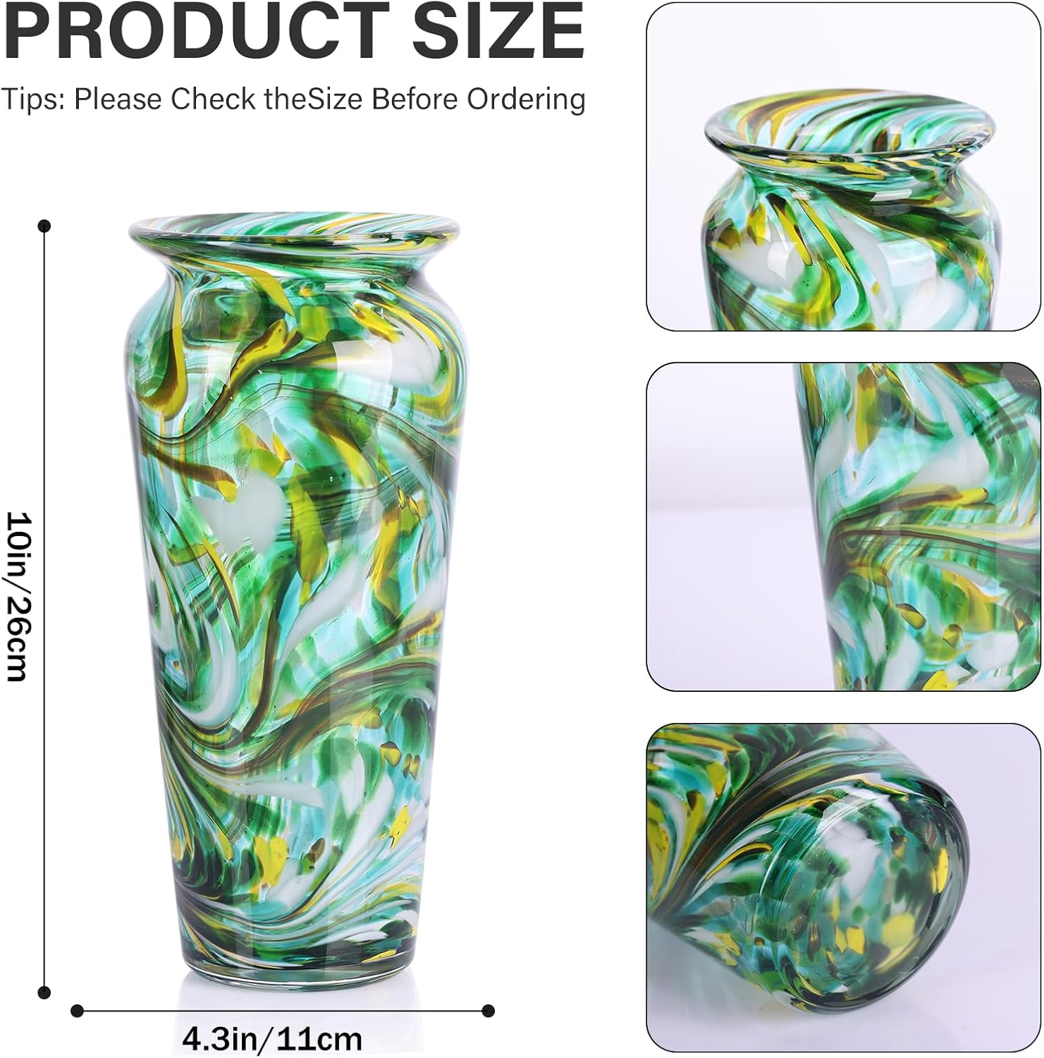 Green Hand Blown Glass Vase – Tall Speckled Decorative Centerpiece in Murano Style for Dining Table, Coffee Table, Mantel, Entryway, or Bookshelf in Coastal or Modern Decor (Green) - Image 2