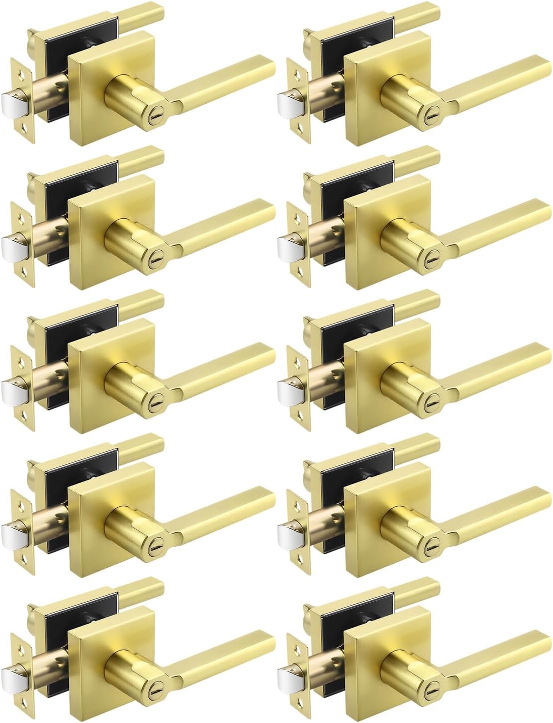 10 Pack Square Gold Privacy Interior Door Levers, Satin Brass Finish, Bed/Bath Door Levers Keyless Interior Handles Locksets