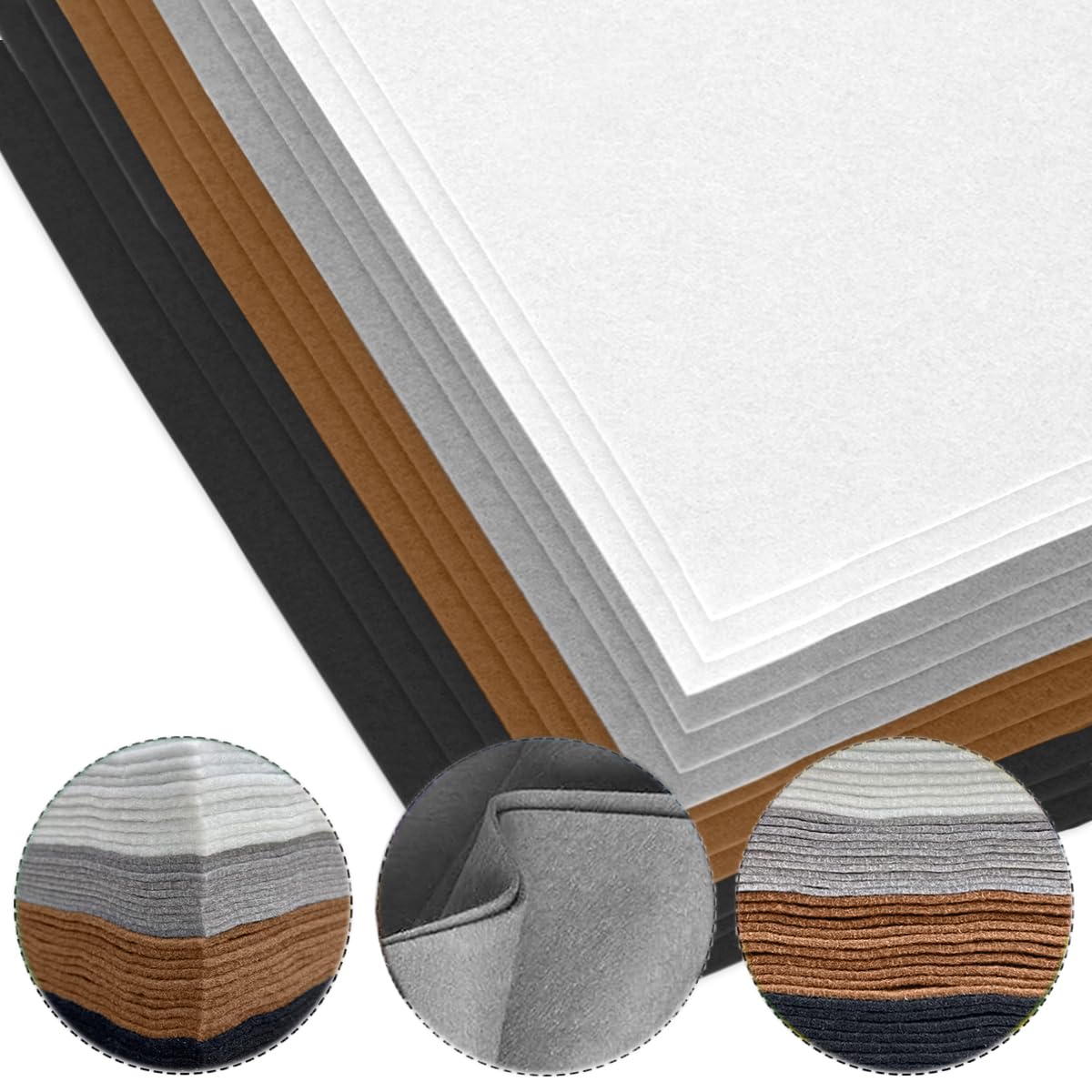 IVEOPPE Filc filcowy, do majsterkowania, 48 sztuk – 30 x 20 cm, materiał filcowy, do mat filcowych, podstawek, filc dekoracyjny, do szycia i majsterkowania (czarny + biały, szary, brązowy)