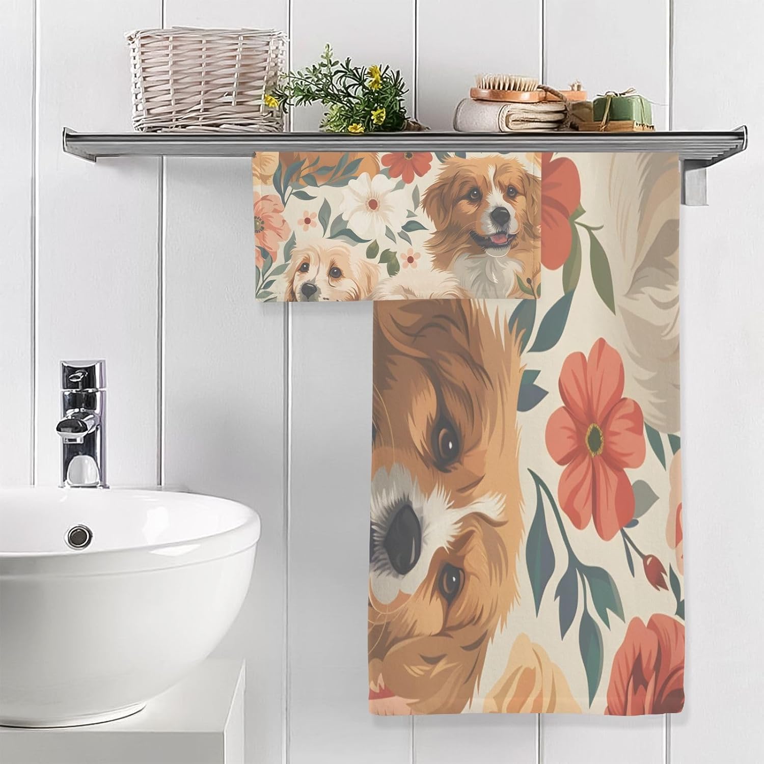 Hand Towels Premium Soft and Highly Absorbent Dog Floral 2 Pcs Towels for Bathroom Set 100% Cotton Decorative Face Towels
