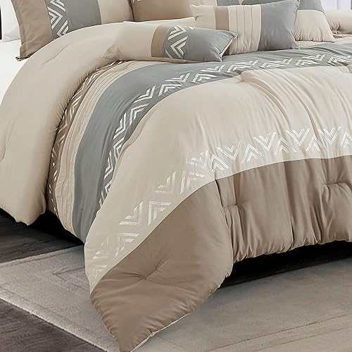 Miniatura 4 de HIG Juego de edredón bordado de 7 piezas gris topo y gris con patrón geométrico de cheurón, juego de cama moderno de retazos, cama para todas las