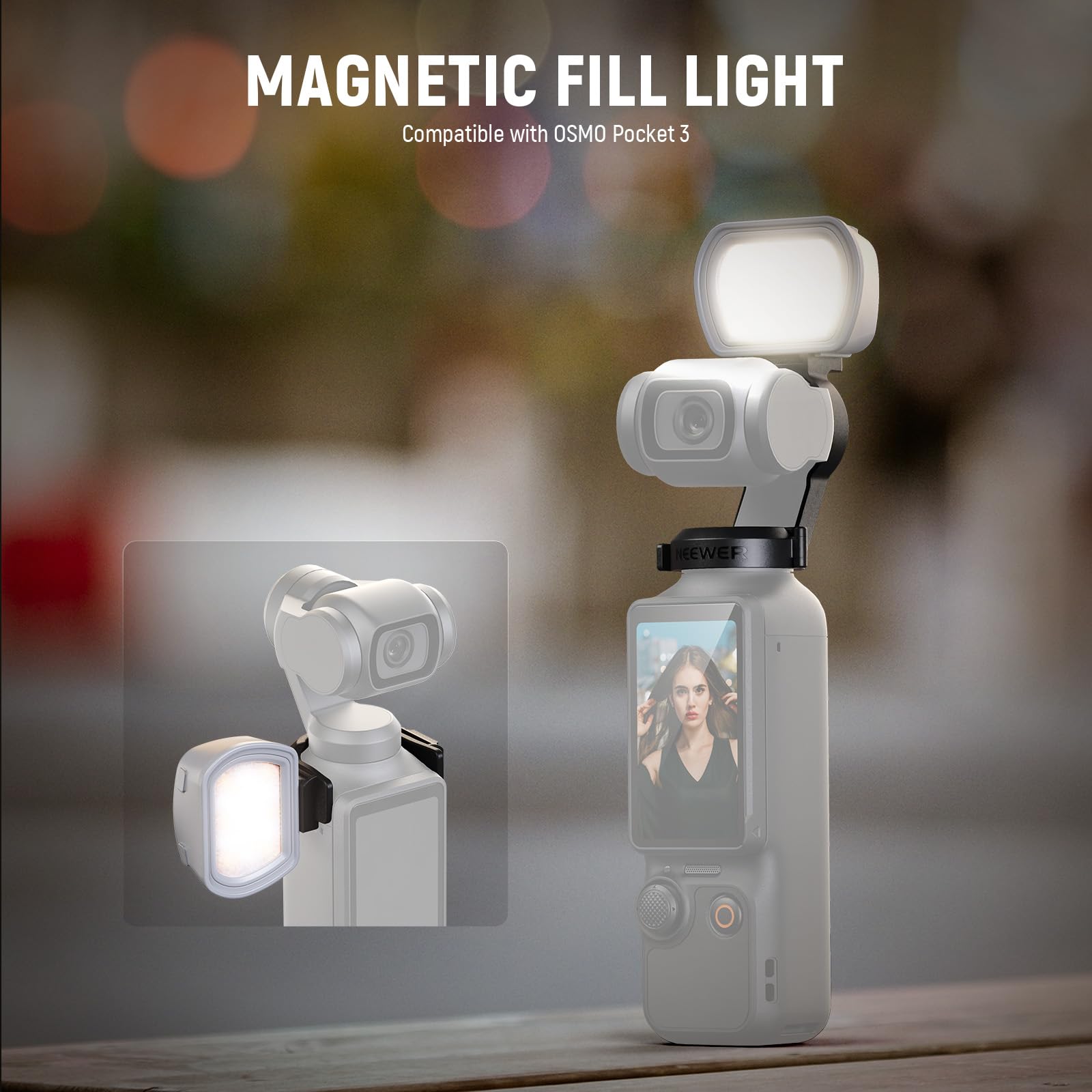 NEEWER Basics Magnetic Auxiliary Light Compatible with DJI OSMO Pocket 3 Gimbal Cam Creator Combo, 1.3W USB C Rechargeable Plastic Mini LED Fill Light Attachment for Selfie Vlog Video Recording,: 1-Pack w/Cleaning Cloth