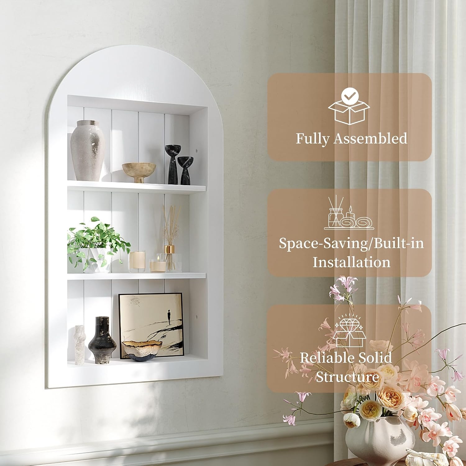 14'' x 24'' Arched Recessed Medicine Cabinet, Solid Wood Niche, White