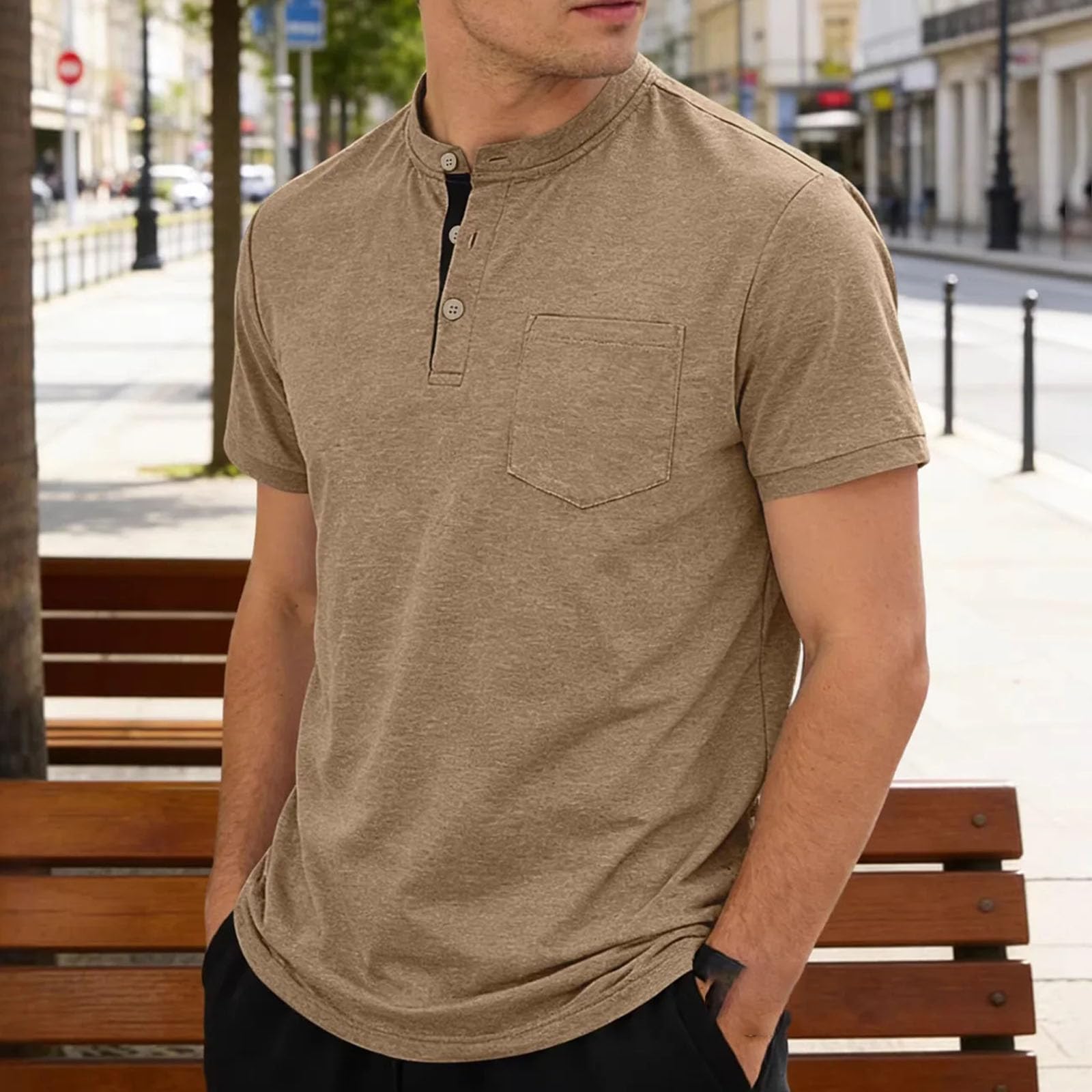 Camiseta de manga corta con botones de color puro para hombre, 80 % algodón, 20 % lino, cómoda y ajustada, para uso diario