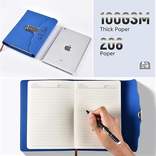 Miniatura 5 de ARRLSDB Diario de cuero con cerradura, cuaderno de escritura, planificador organizador digital con contraseña, cuaderno personal con bloqueo (azul)