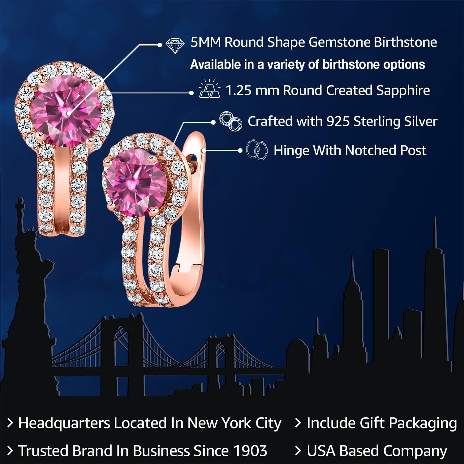 Gem Stone King Customized and Personalized Gemstone Birthstone and Created Sapphire Clip On Earrings for Women | Round 5MM | 18K Rose Gold Plated Silver | Fine Jewelry Gifts for Women Mom Wife Her