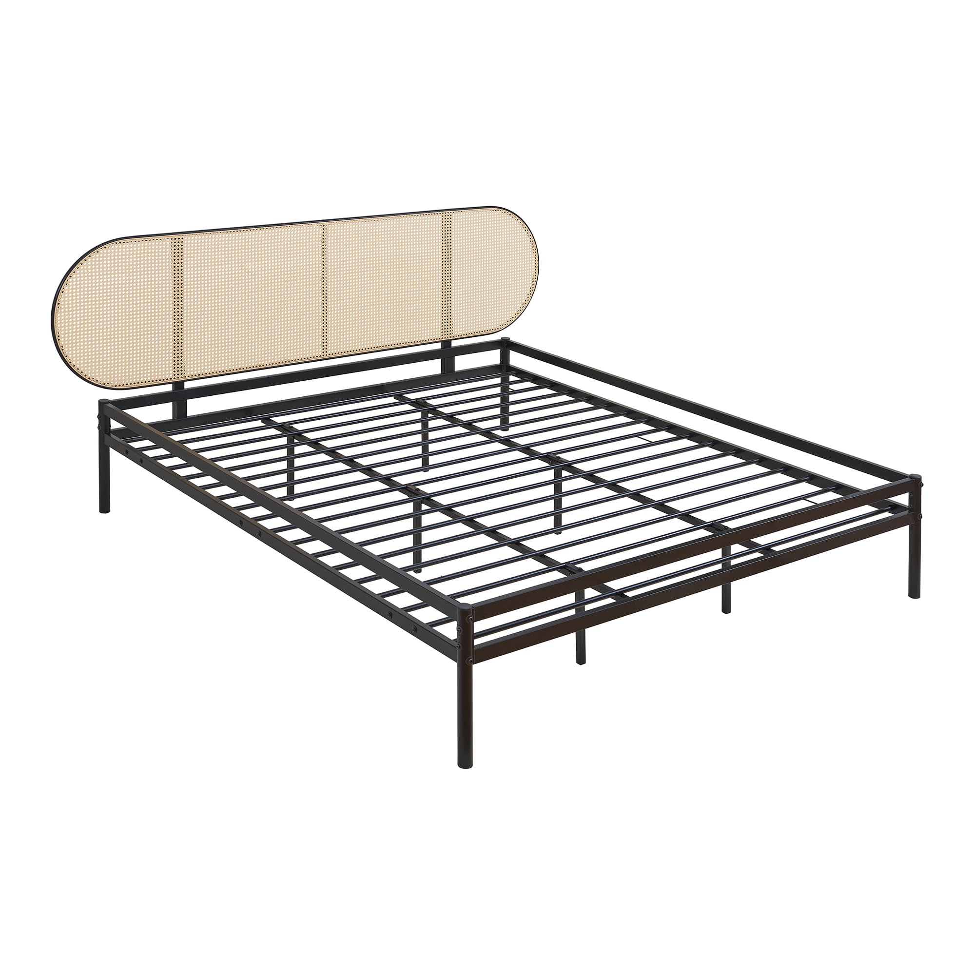 [en.casa] Bett Linköping 180 x 200 cm Bettgestell und Lattenrost Metallbett mit ovalem Kopfteil Doppelbett max. 300 kg Schwarz mit Rattanoptik
