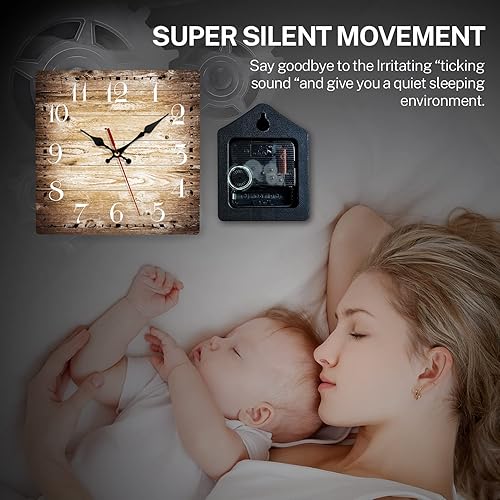 Miniatura 2 de ArtSocket Reloj de pared de madera silencioso sin tictac, grano marrón, valla sucia antigua, gris, rústico, costero, cuadrado, decoración para el