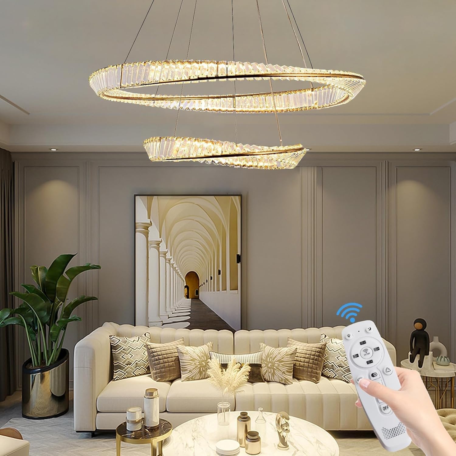 Woquju Gold Modern Led Crystal Chandelier With Remote 2 Rings Crystal Chandeliers Large Luxury Pendant Light Fixture Long Chandeliers For High Ceiling Staircase Entry Foyer Entryway Living Room