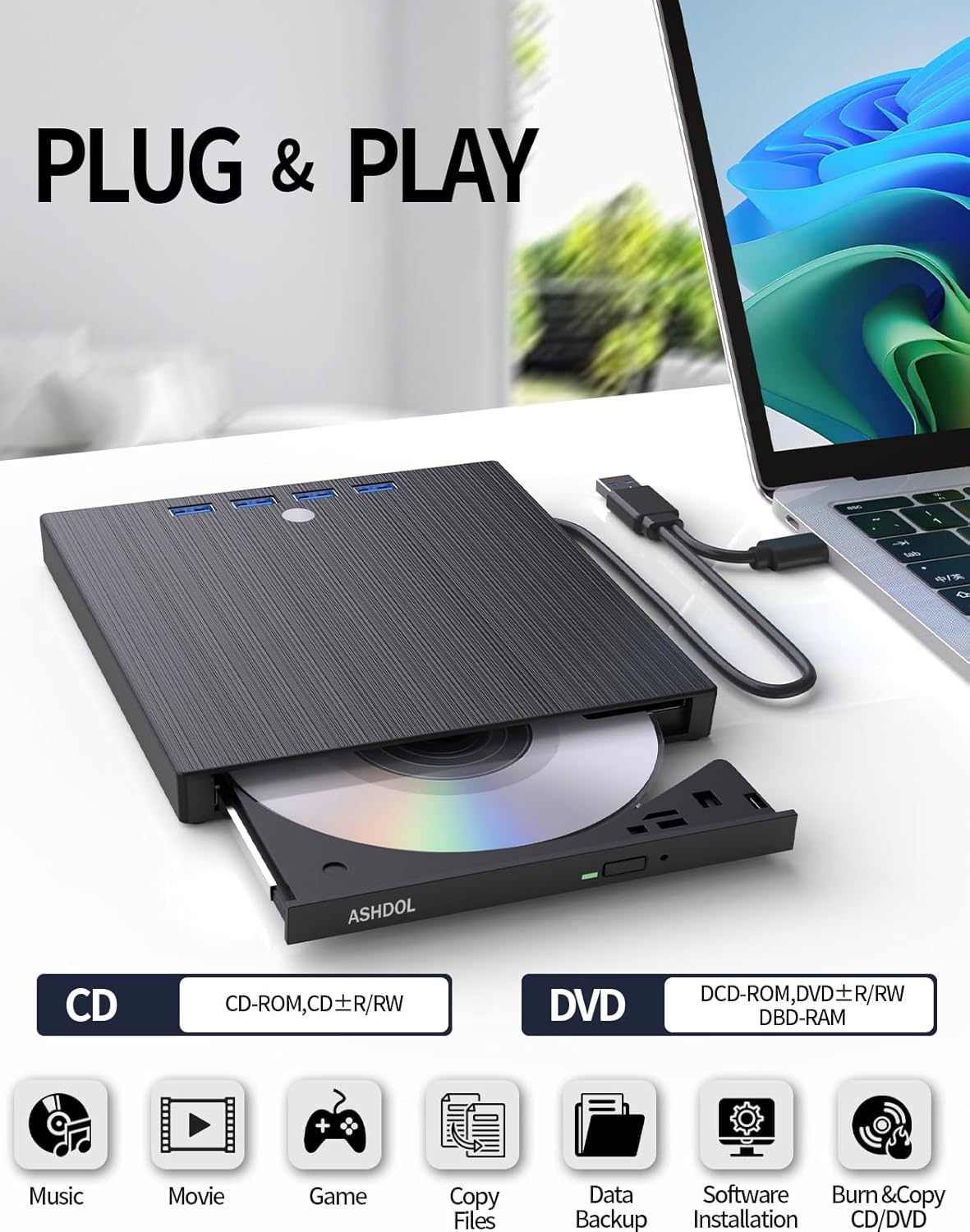 External CD DVD Drive,9 in 1 USB 3.0 and Type-C Disc Reader Writer Burner Player,Slim and Portable CD DVD +/-RW Optical Drive for PC Laptop Desktop MacBook Mac Windows Linux OS Apple (9 in 1)