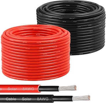 Solar Panel Wire 8 AWG10mm2 - Solar Extension Cable 100Ft Black & 100Ft Red 8 Gauge Tinned Copper PV Wire for Outdoor Automotive RV Solar Panel Boat Marine Black+Red