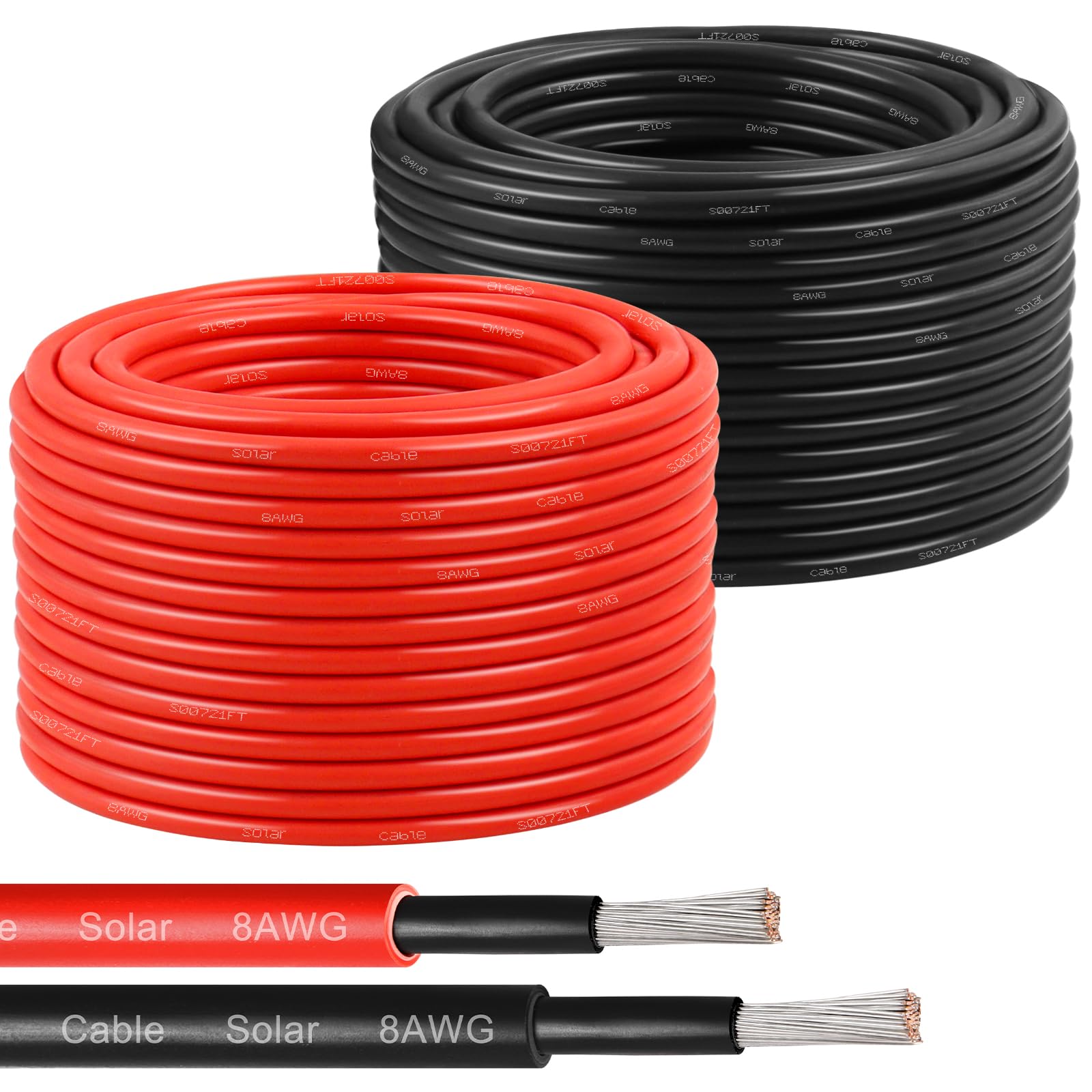 Solar Panel Wire 8 AWG(10mm²) - Solar Extension Cable 100Ft Black & 100Ft Red 8 Gauge Tinned Copper PV Wire for Outdoor Automotive RV Solar Panel Boat Marine (Black+Red)