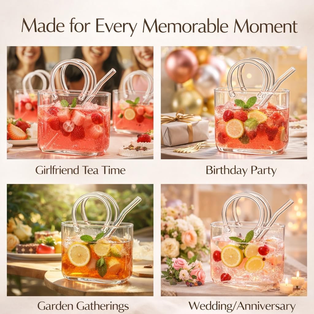 2026 Purse Drinking Glass,Glass Purse For Drinks Set Of 2,26oz Unique Wine Glasses Purse Gifts For Women Party,Fish Bowl Vase,Creative For Wine, Fruit Juice, Tea, Flowers With Straw & Brush (3PCS)