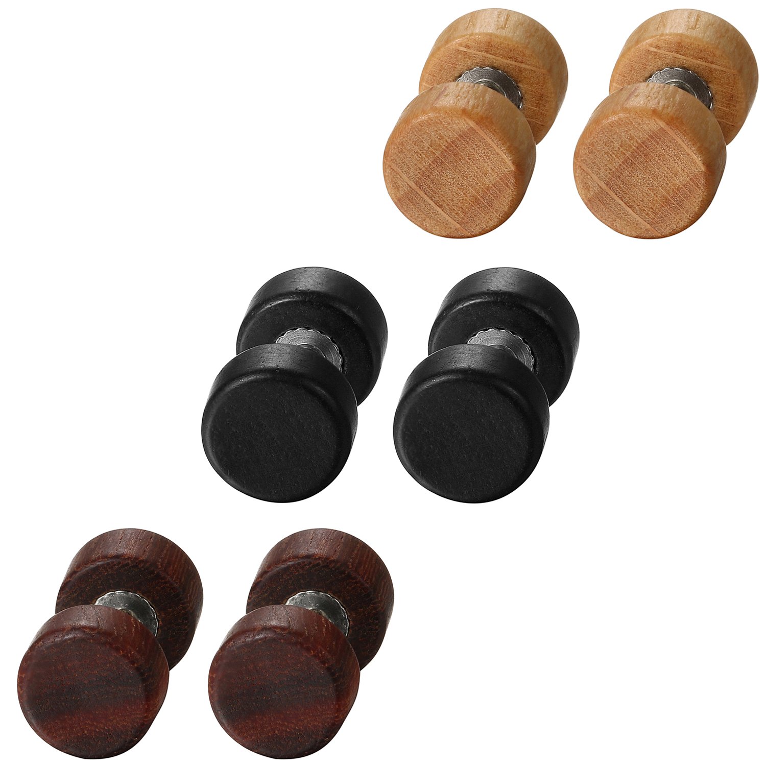 Pendientes de Acero Inoxidable Quirúrgico y Madera Dumbbells 8-12 mm 6 Pcs