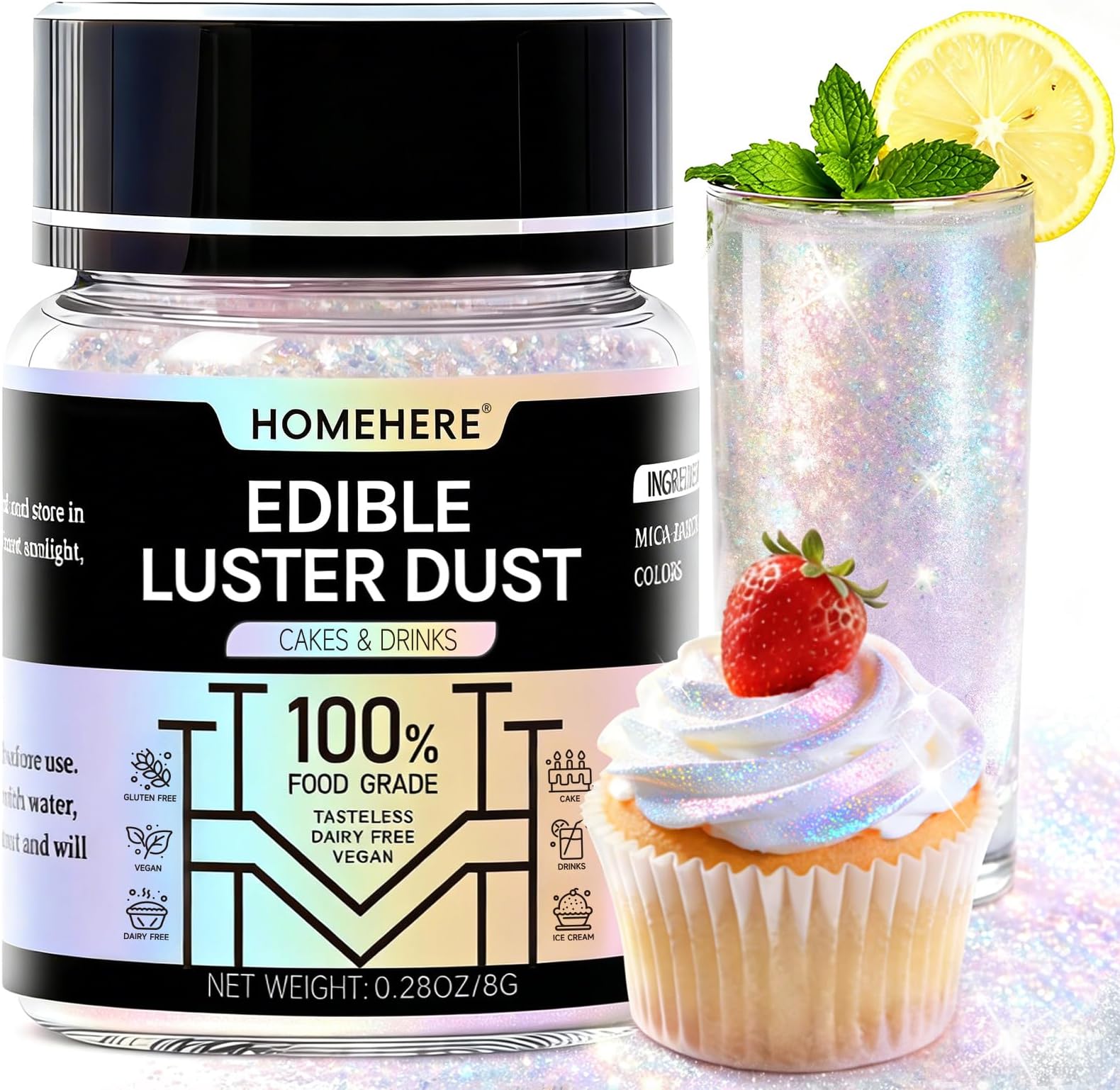 HomeHere Edible Luster Dust Food-Grade Glimmer Powder Glitter for Cake Decorating 8g, Edible Sprinkle Glitter for Cocktails Drinks Baking Candy Dessert Chocolate Vegan Tasteless