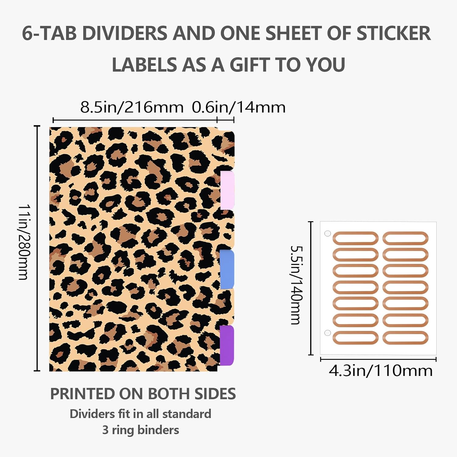 3 Ring Binder 1 Inch, Cute Round Ring Binders with 6 Tab Dividers, Labels Stickers, Low Profile Clipboard with Storage, Fashion Binder School Office Supplies(Cheetah Spots Tabs)