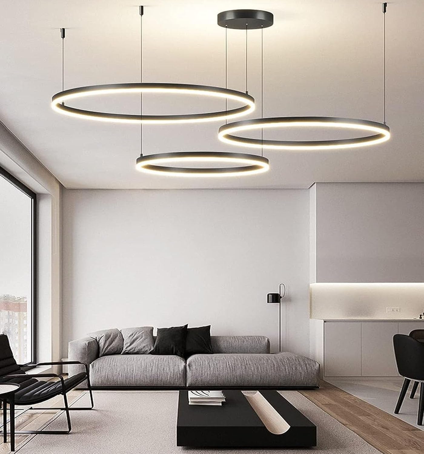 LED Pendelleuchte Moderne Schwarz 3-Ring Separate Installation Kronleuchter 75W Dimmbar Deckenbeleuchtung Für Schlafzimmer Wohnzimmer Esszimmer 40×60×80CM