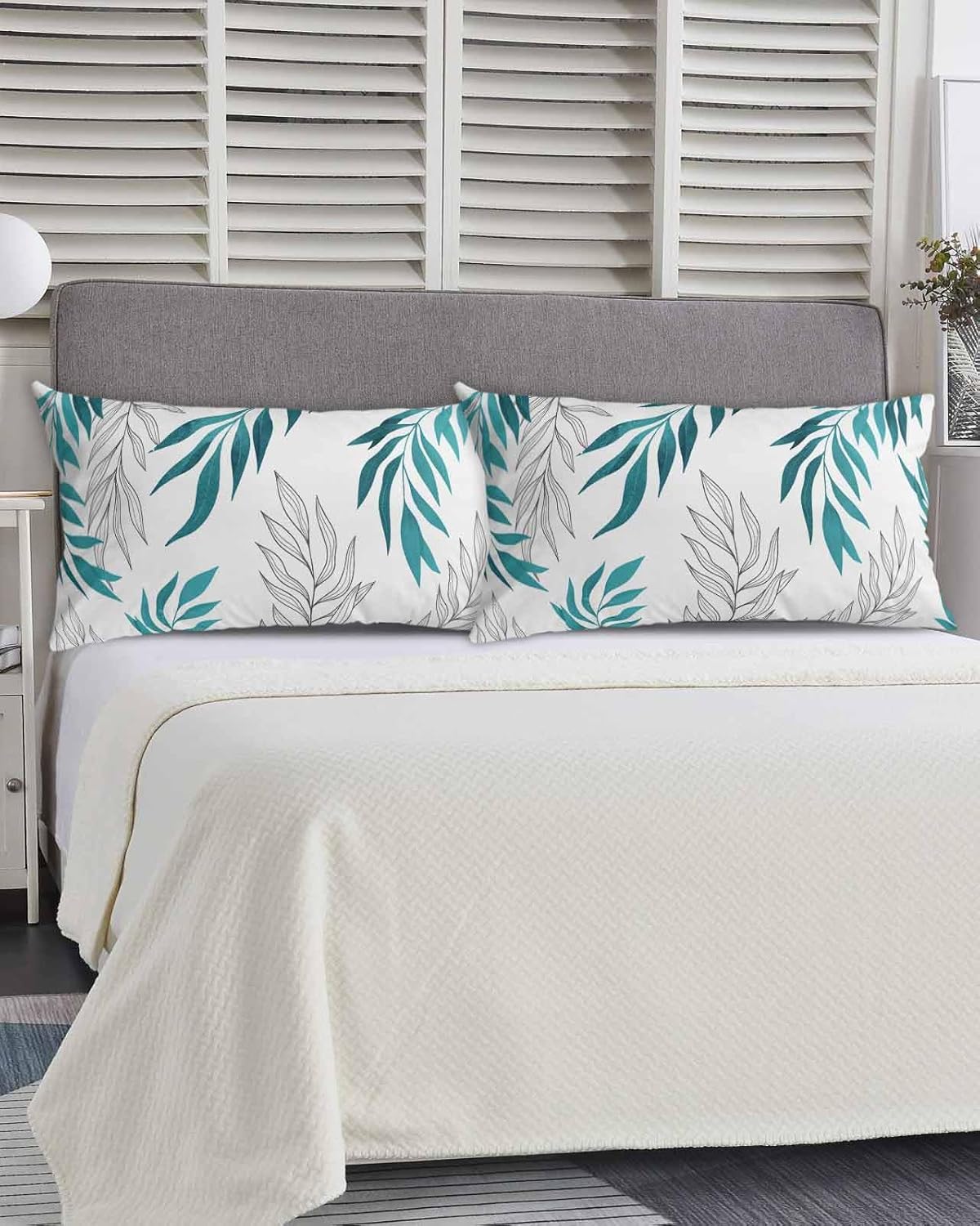 Botanical Leaves King Size Pillowcases,Soft Bed Throw Pillow Covers Sham Luxury Decorative Sofa Couch Long Body Lumbar Bolster Cushion Case Envelope Closure,Modern Geometric Aqua Simple White 20"x40"