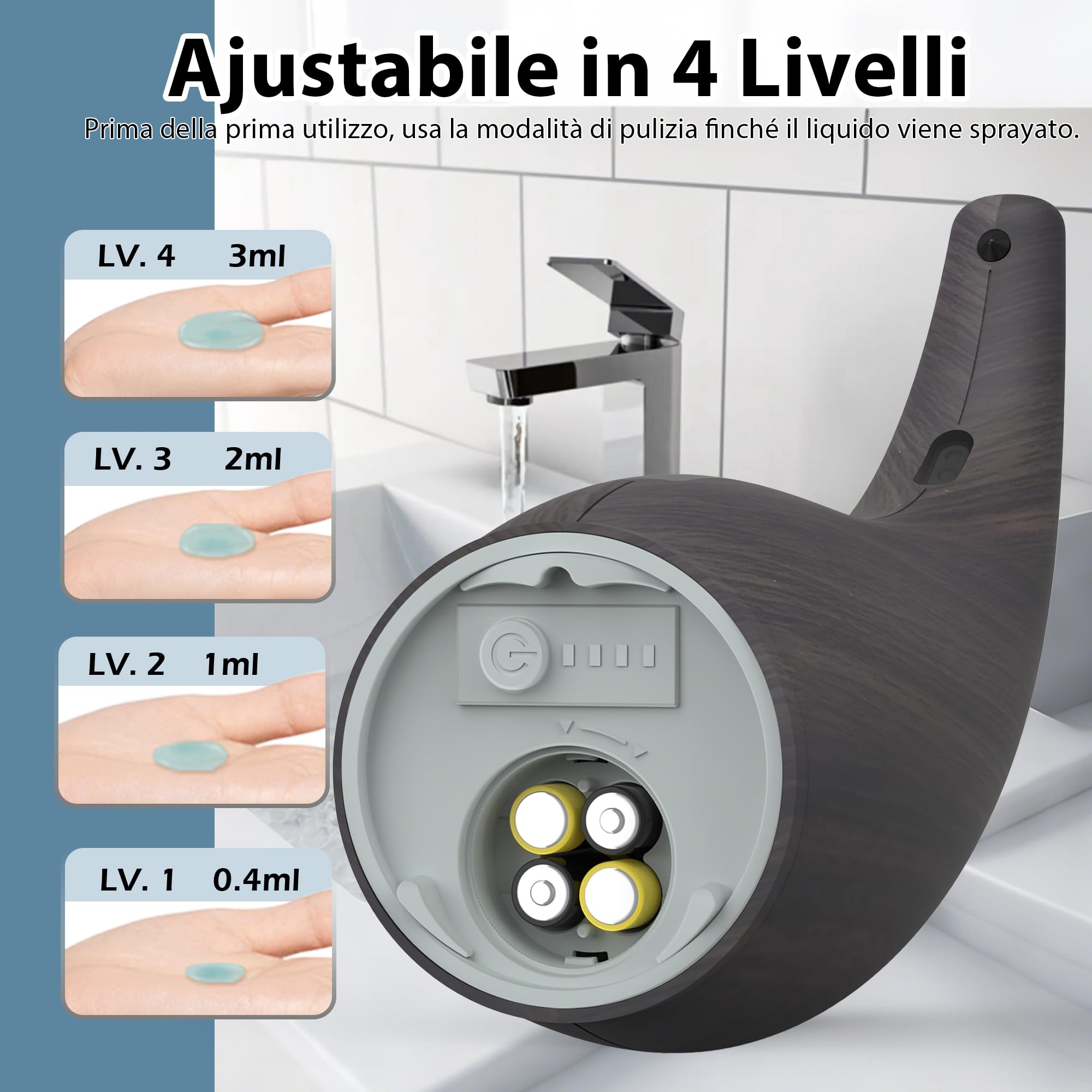 XZUO Dispenser Sapone Automatico, 300ml Dispensatore Sapone Senza Contatto con Sensore a Infrarossi, 4 Livelli Regolabili, Alimentato a Batterie, per Bagno Cucina Scuola Hotel