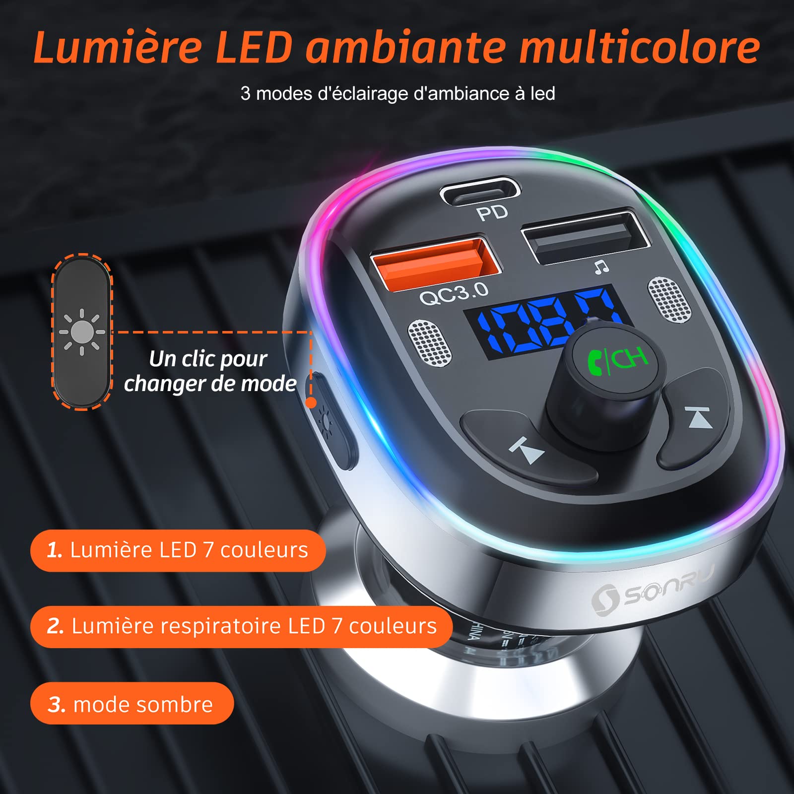 SONRU Transmetteur FM Bluetooth 5.3, Adaptateur Bluetooth Voiture pour Voiture 30W PD&QC 3.0 Prend en Charge Les Appels Mains Libres, Support Siri Google Assistant/7 lumières de Couleur
