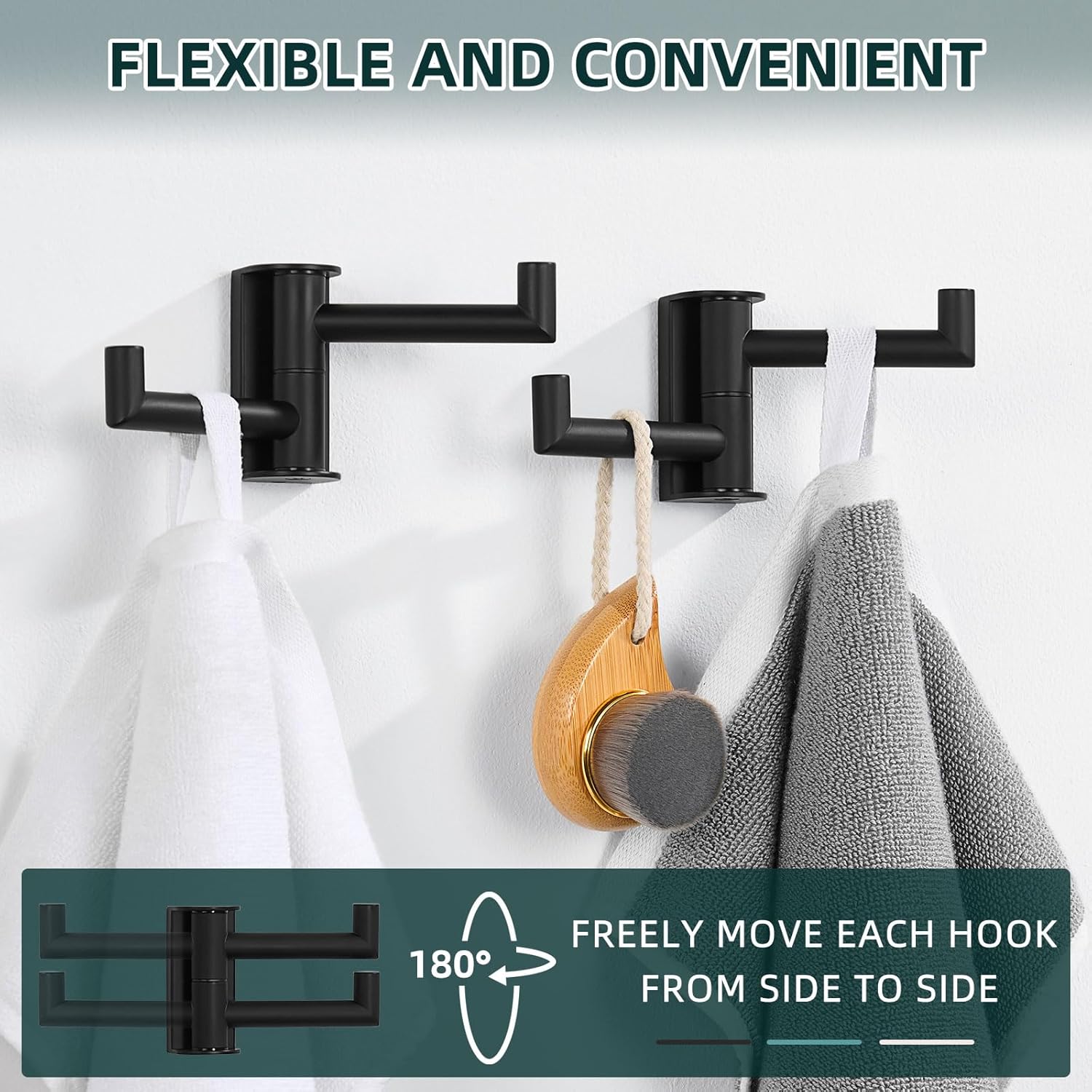 Angle Simple Swivel Towel Hook Matte Black 2 Pack, 304 Stainless Steel Double Robe Hook for Bathroom