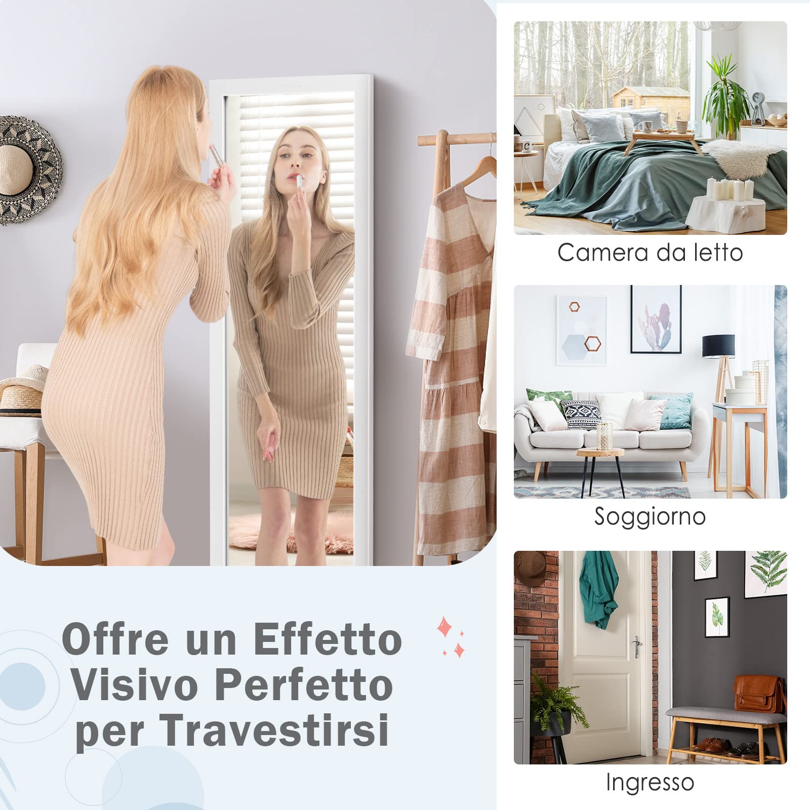 RELAX4LIFE Specchio da Parete a Figura Intera 119 x 33cm, Specchio Rettangolare, da Appendere Sopra la Porta, Specchio Moderno per Camera da Letto, Spogliatoio e Ingresso (Bianco)