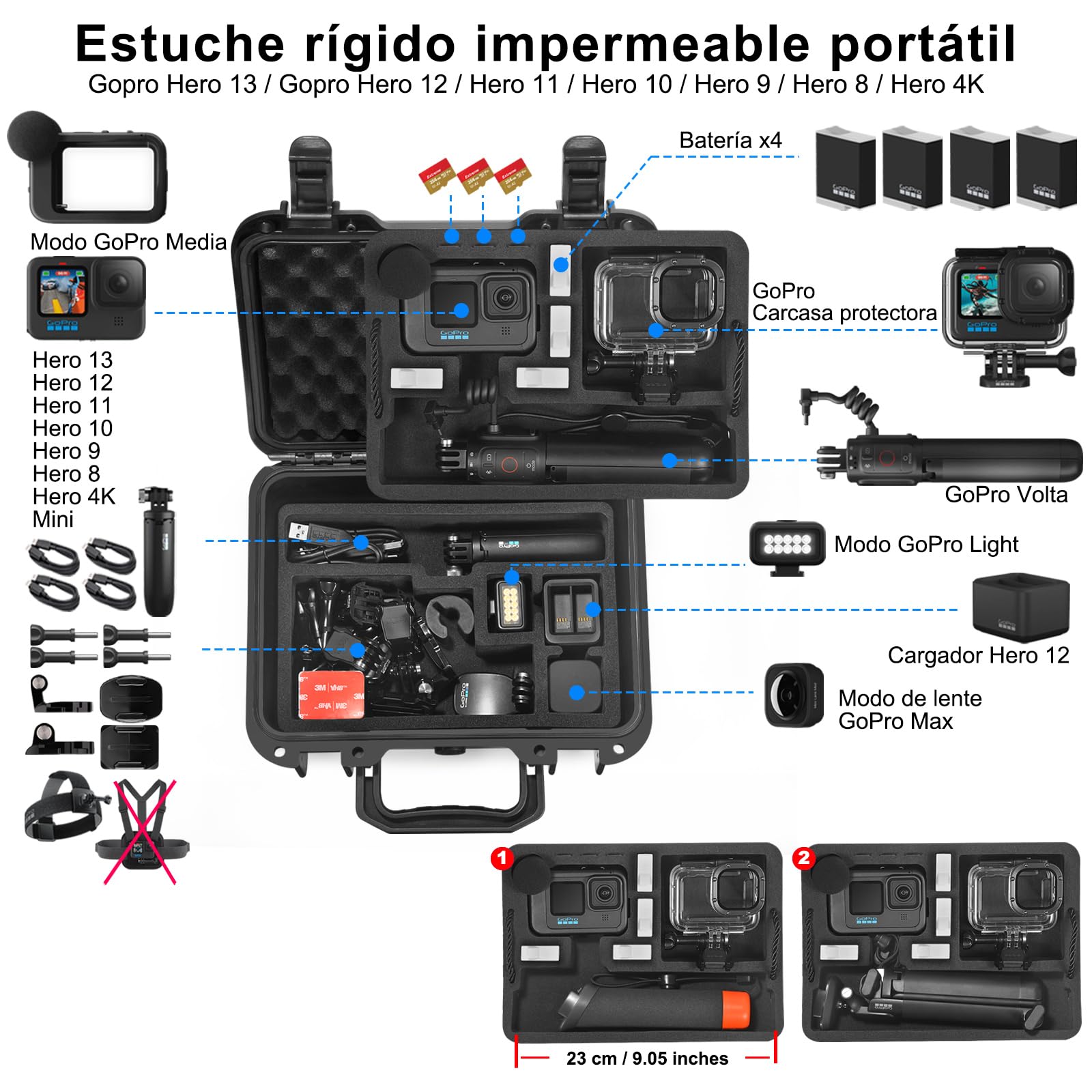Lekufee Estuche Impermeable para GoPro Hero 13/12/11/10/9/8, Lit Hero,Hero 4K,Módulo Multimedia/Volta/Edición Creator/Cámara de Acción y Otros Accesorios (Solo el Maleta)