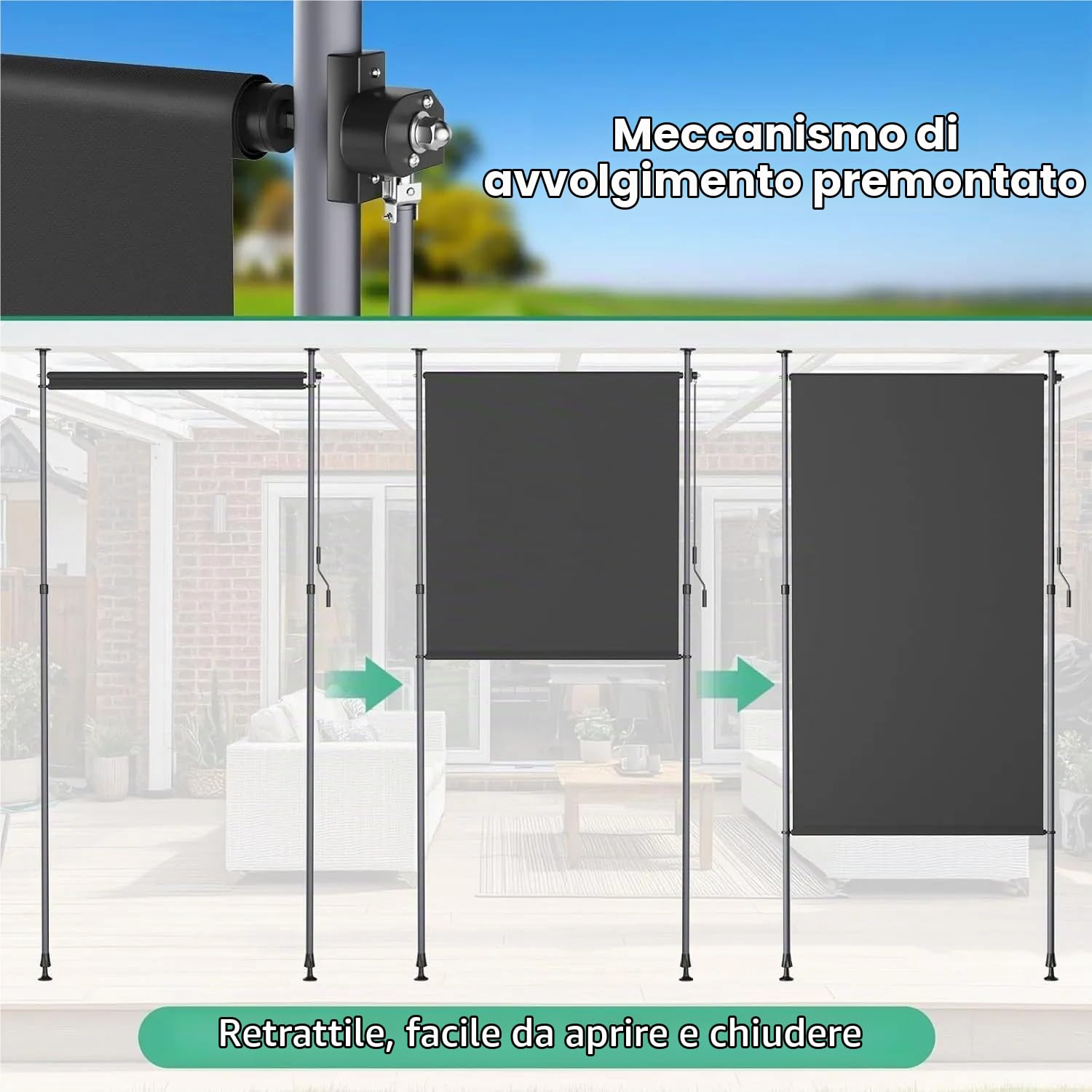 LIFERUN Tenda da sole verticale con morsetto, 120 x 310 cm, tenda da sole verticale allungabile, senza forature,con manovella, protezione solare dal vento, per balcone, giardino