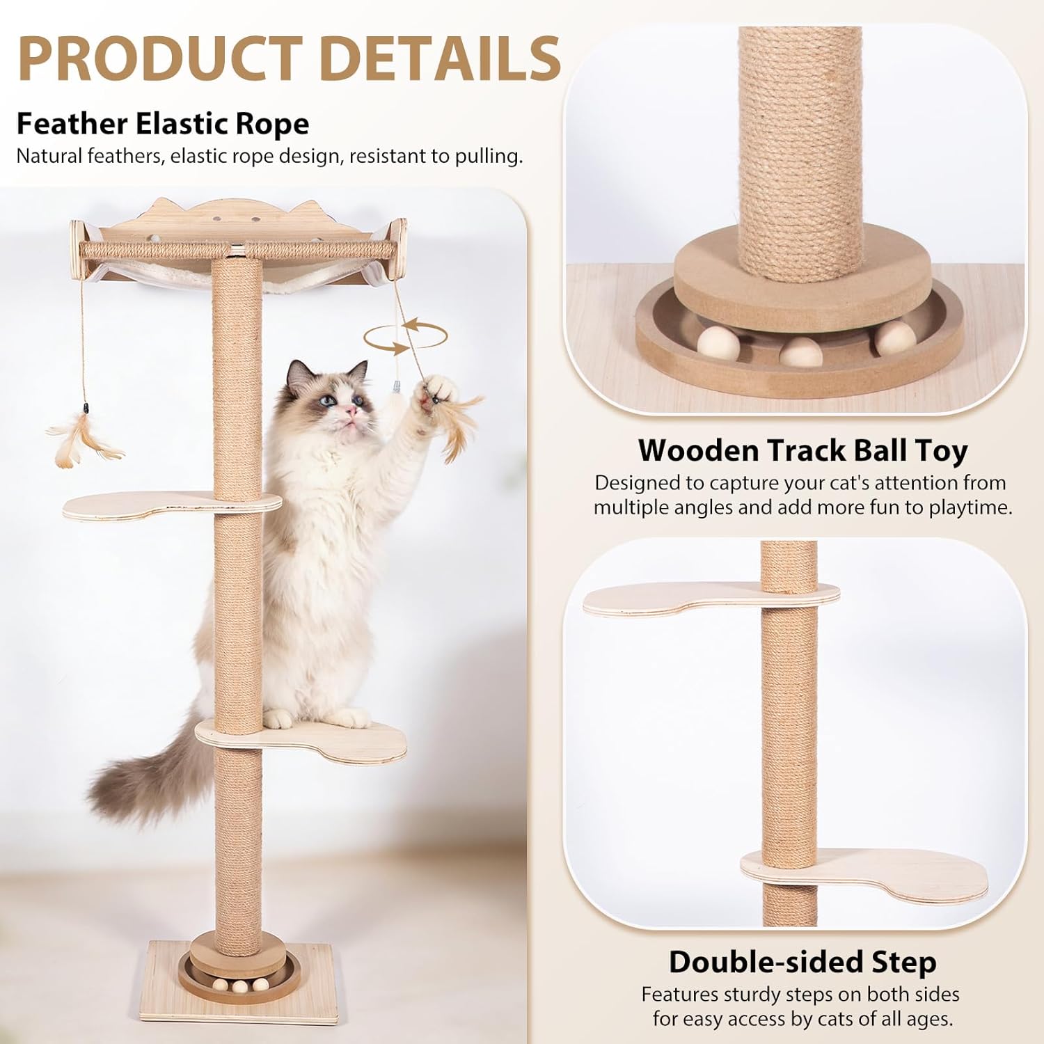 Cat Window Hammock 48" Adjustable Scratching Posts, Multi-Level Window Mounted Cat Tree with Natural Sisal and Track Toys for Large Cats, Climbing, Sunbathing & Bird Watching (Drill-Free)
